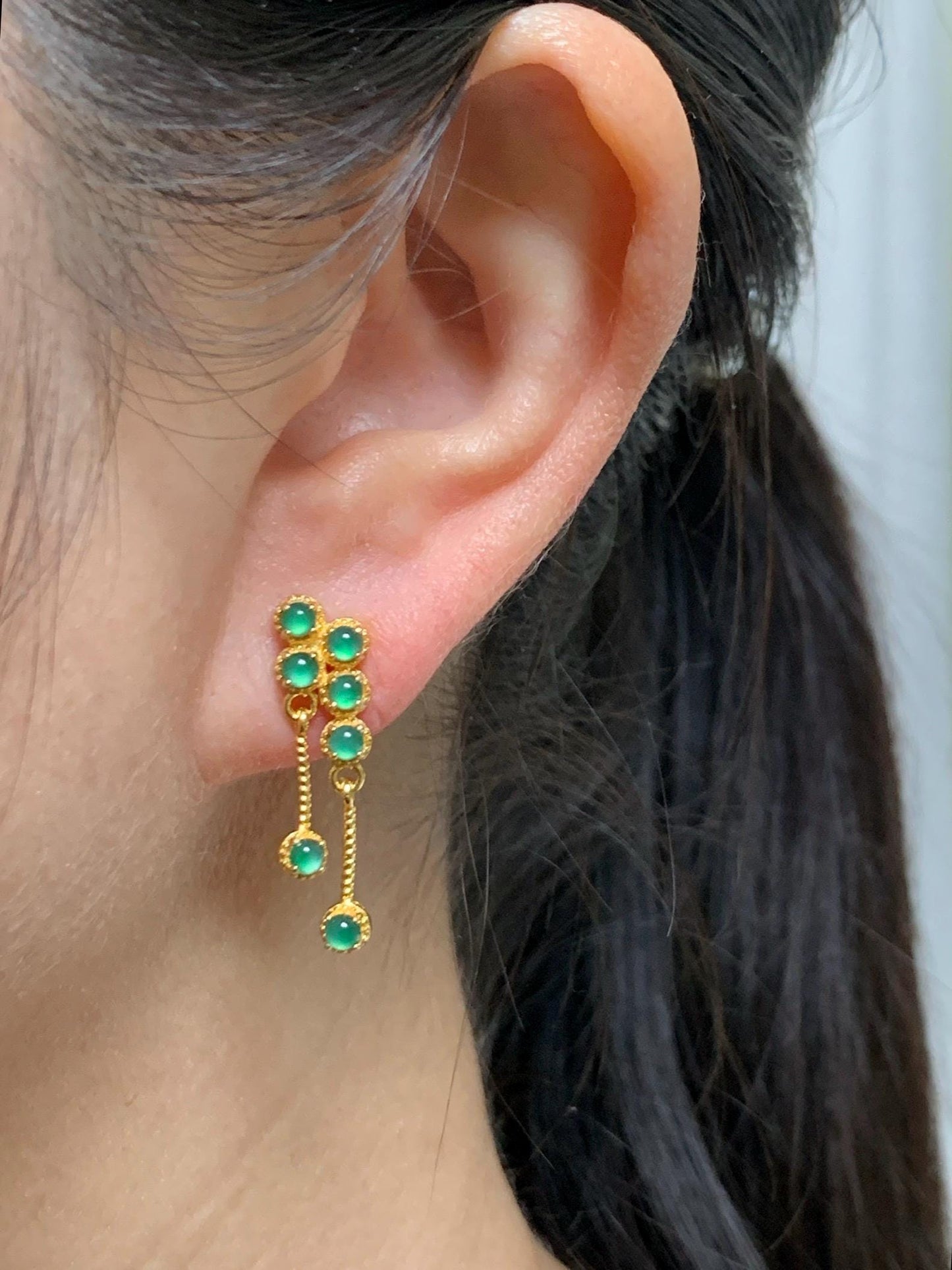 Icy Vibrant Green Jadeite Sterling Silver Stud Earrings - Natural Guatemalan Grade A Icy Translucent Yellow Gold Overlay 天然冰危绿翡翠耳钉 WLSS100