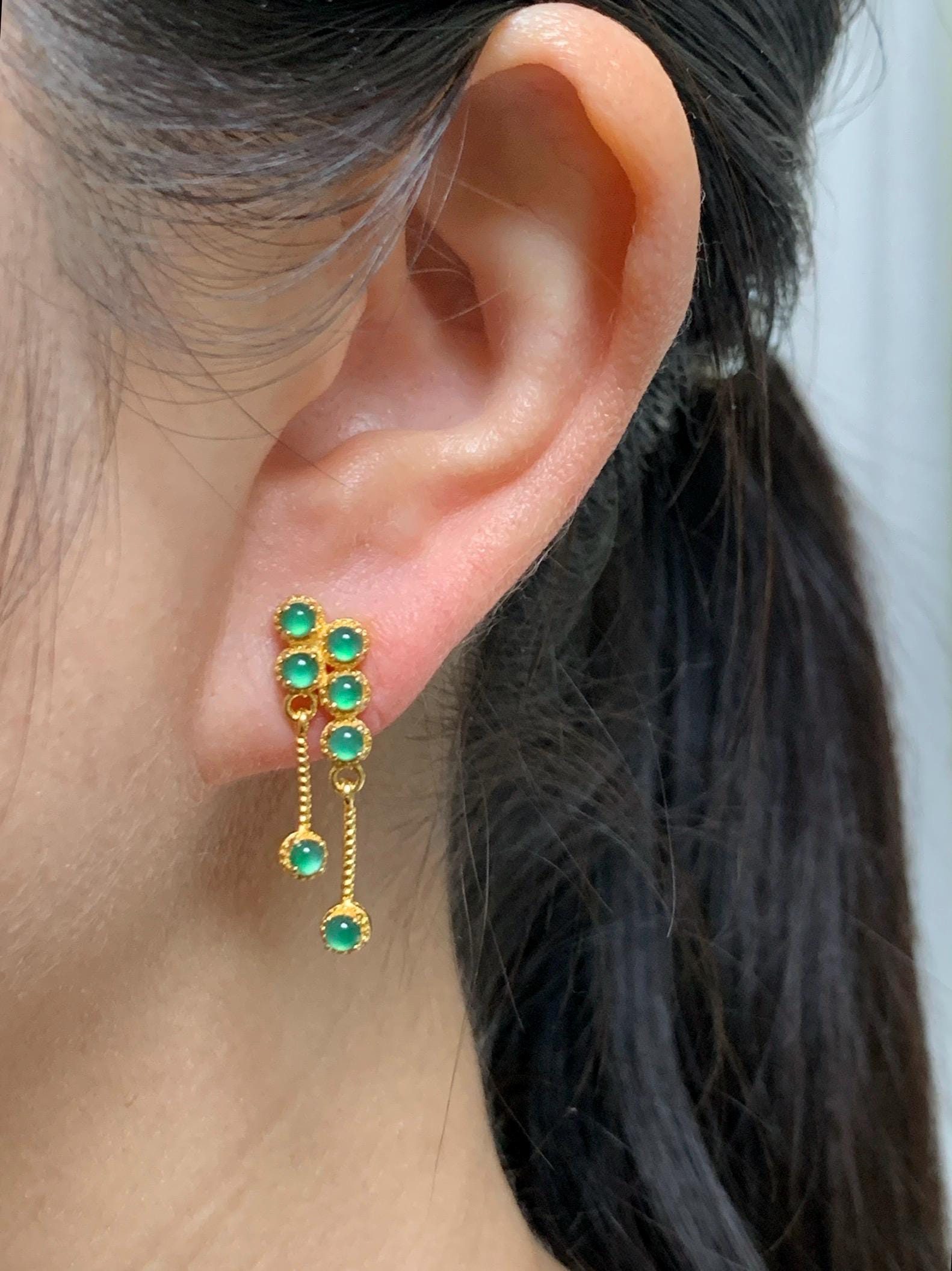 Icy Vibrant Green Jadeite Sterling Silver Stud Earrings - Natural Guatemalan Grade A Icy Translucent Yellow Gold Overlay 天然冰危绿翡翠耳钉 WLSS100