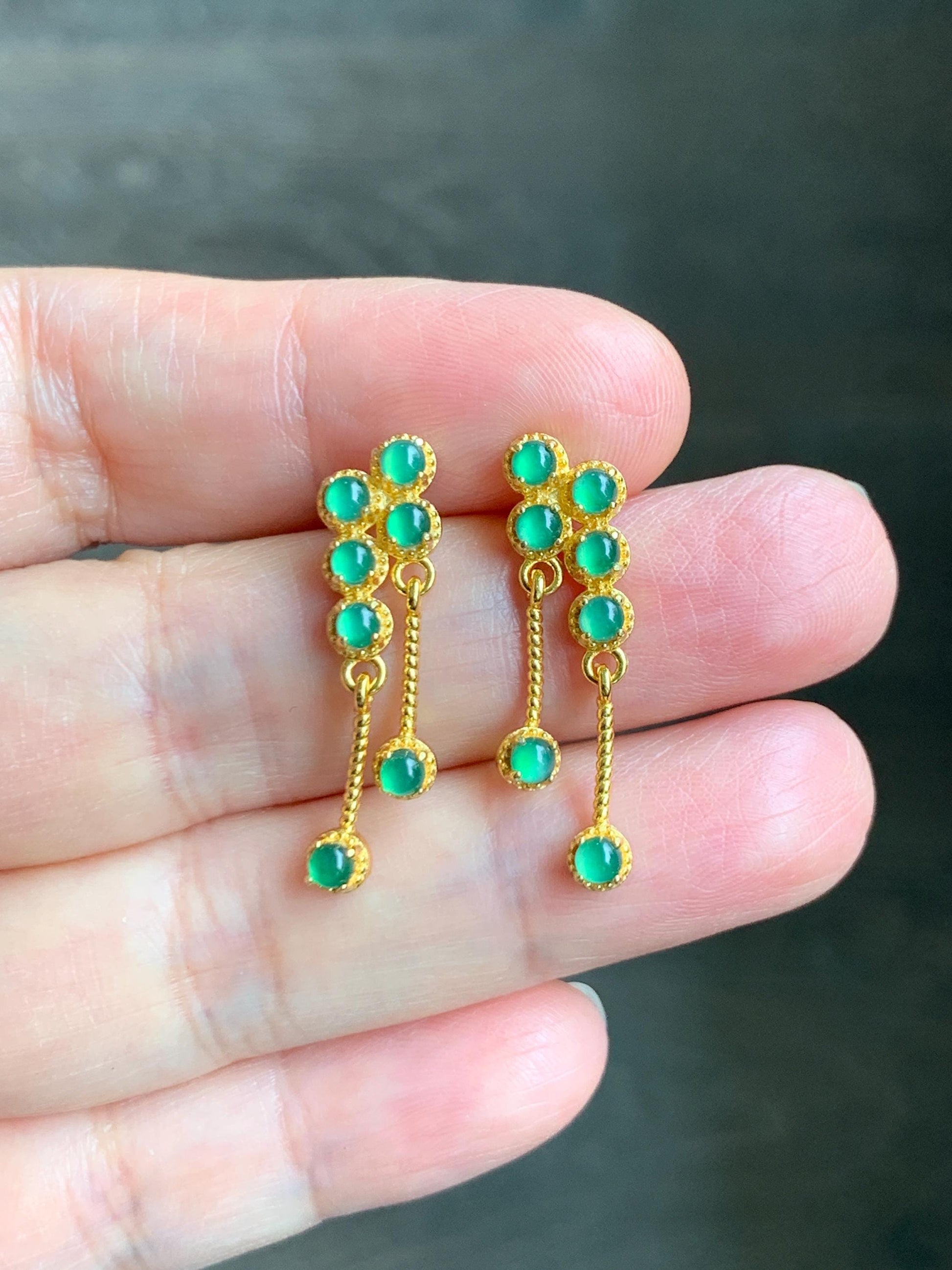 Icy Vibrant Green Jadeite Sterling Silver Stud Earrings - Natural Guatemalan Grade A Icy Translucent Yellow Gold Overlay 天然冰危绿翡翠耳钉 WLSS100