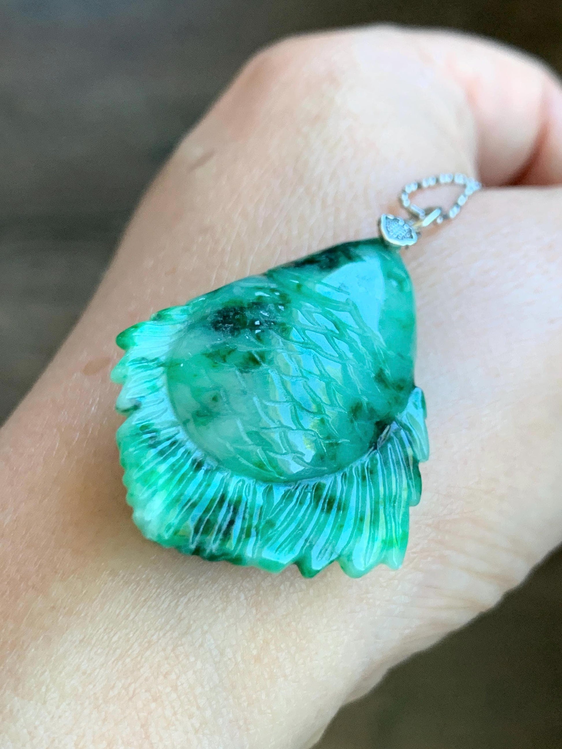 Natural Grade A Icy Translucent Jadeite Fish Pendant: Sterling Silver Bail, Apple Green Dark Green Marbled Jade 天然果绿飘花翡翠鱼吊坠 MLW220B