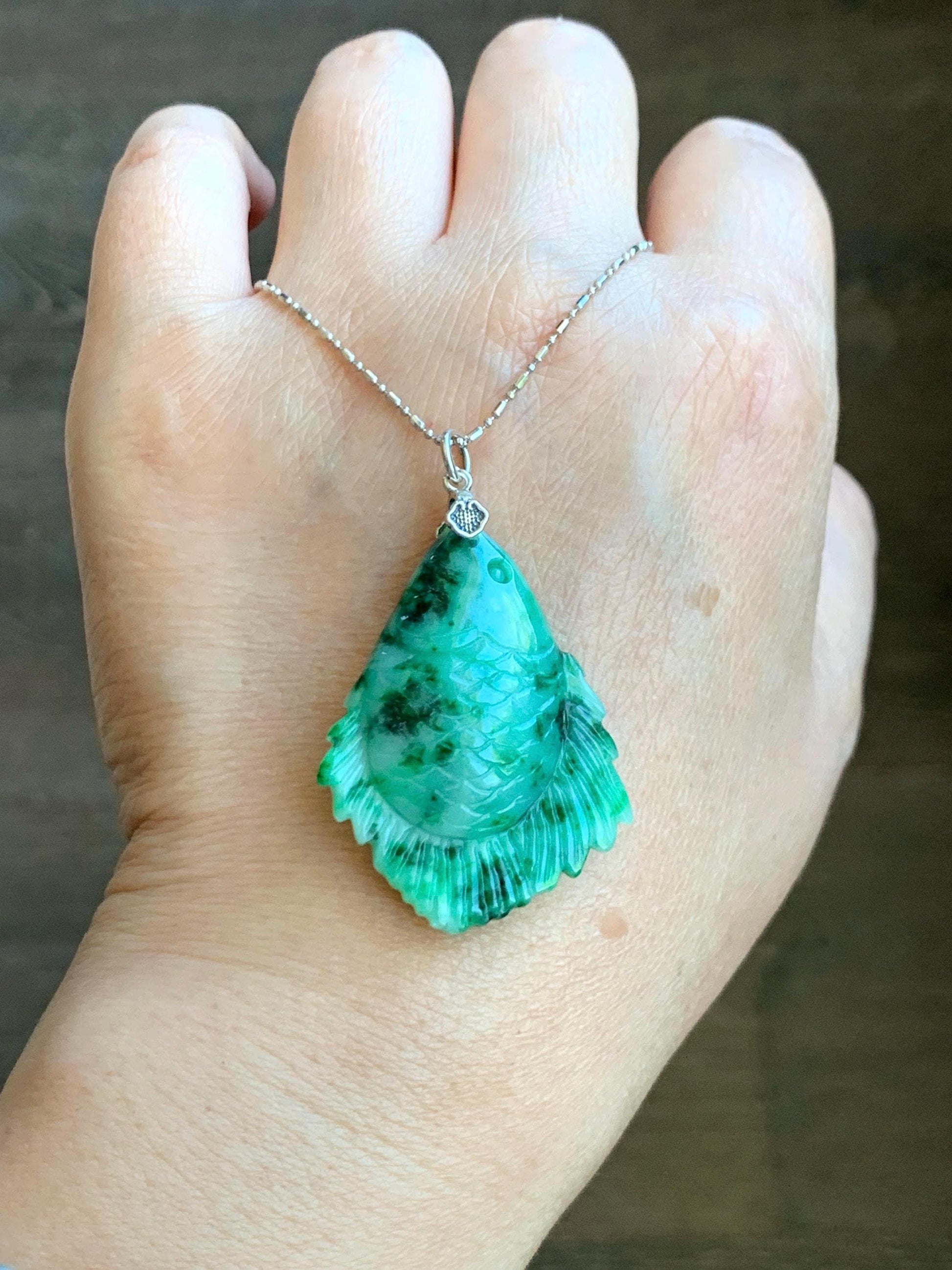 Natural Grade A Icy Translucent Jadeite Fish Pendant: Sterling Silver Bail, Apple Green Dark Green Marbled Jade 天然果绿飘花翡翠鱼吊坠 MLW220B