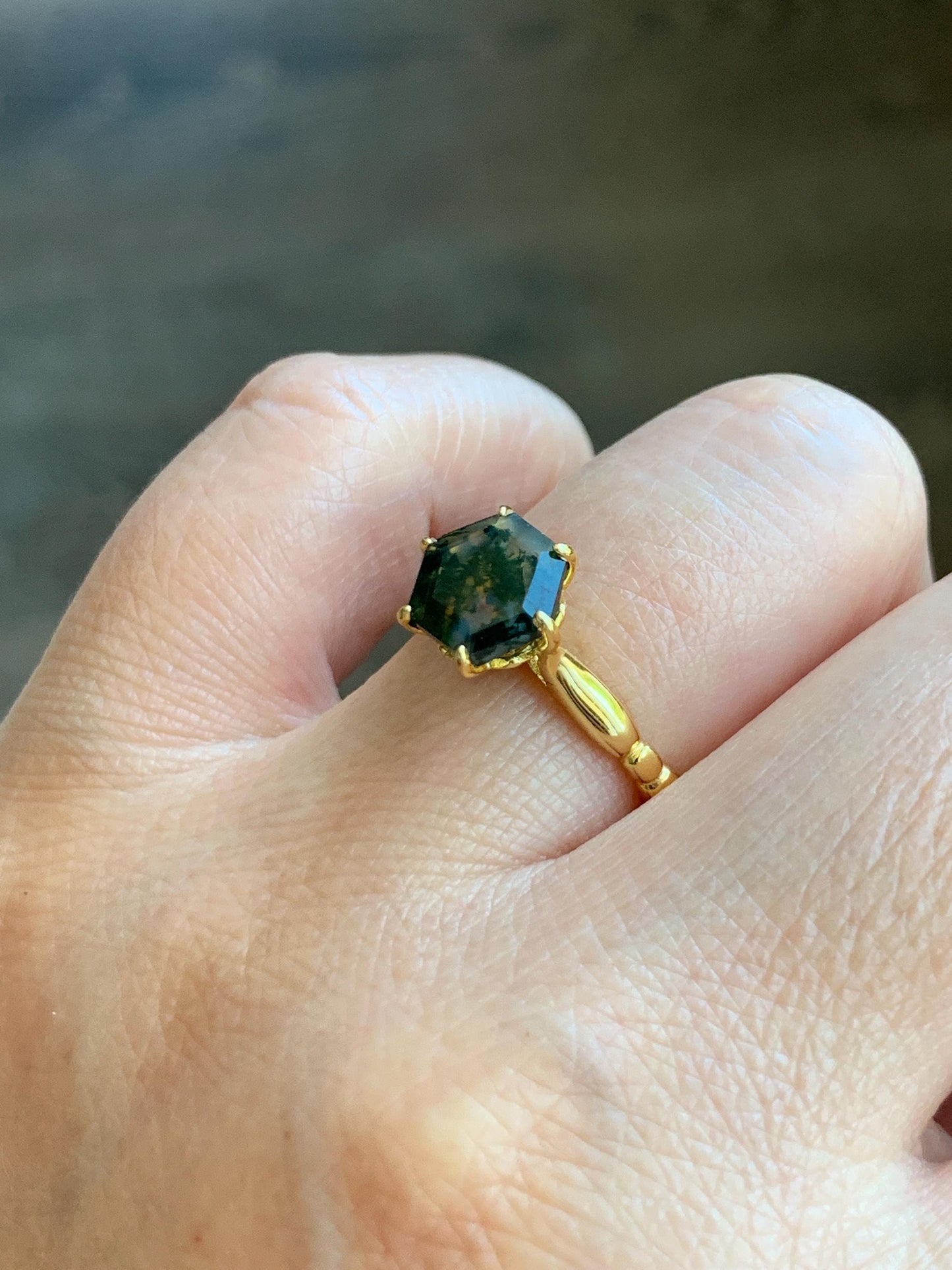 Natural Genuine Moss Agate Premium Hexagon Cut Solitaire Ring 925 Sterling Silver Yellow Gold Overlay Size 8 US 3g Moss Agate Retro Ring 435