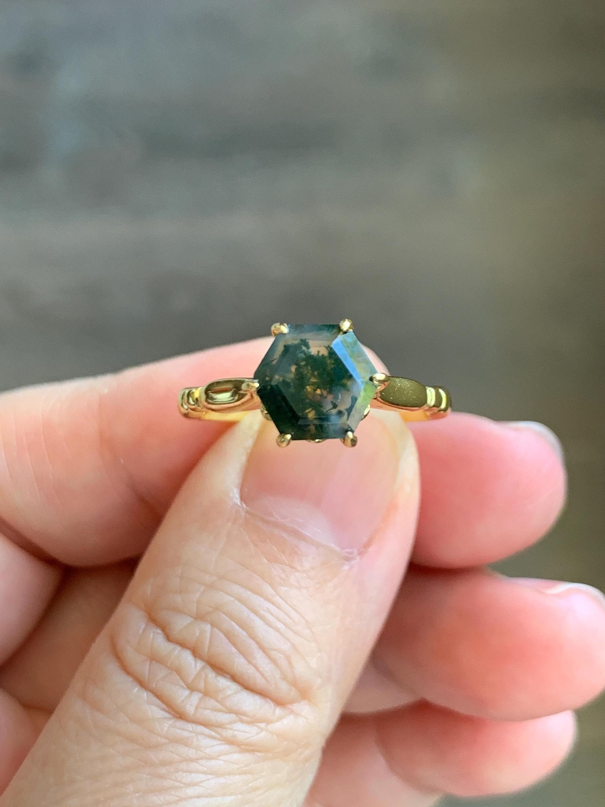Natural Genuine Moss Agate Premium Hexagon Cut Solitaire Ring 925 Sterling Silver Yellow Gold Overlay Size 8 US 3g Moss Agate Retro Ring 435
