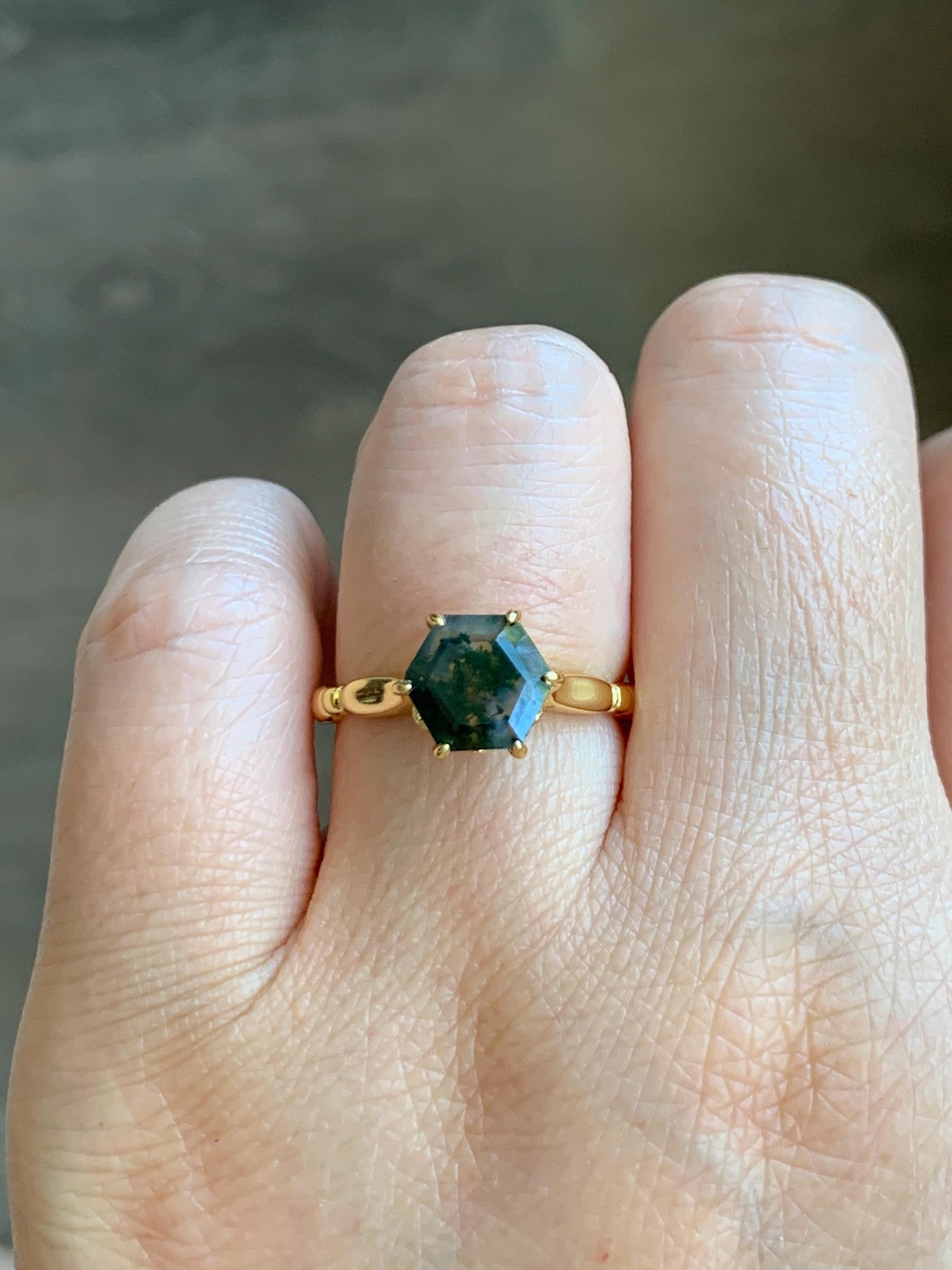Natural Genuine Moss Agate Premium Hexagon Cut Solitaire Ring 925 Sterling Silver Yellow Gold Overlay Size 8 US 3g Moss Agate Retro Ring 435