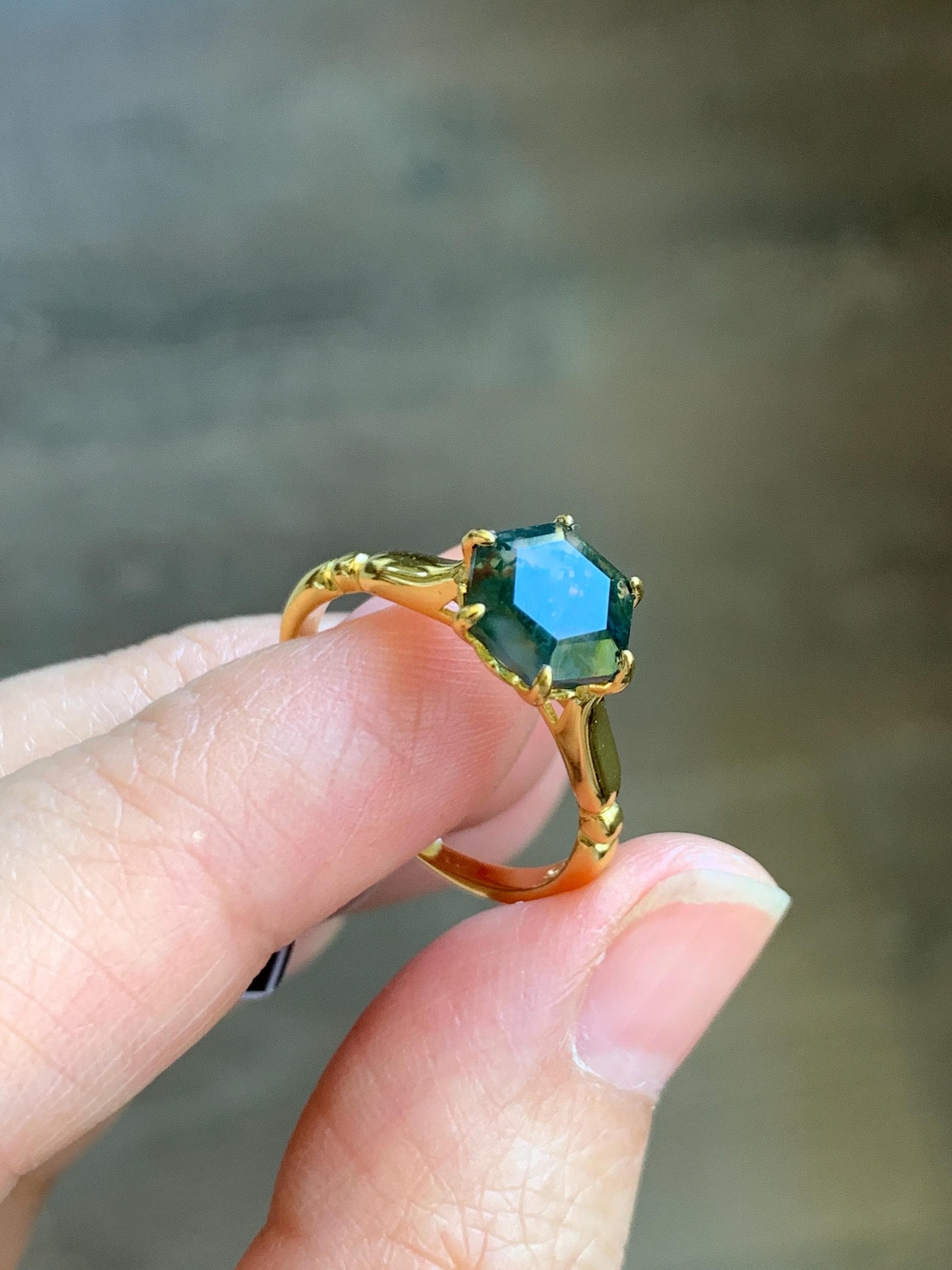 Natural Genuine Moss Agate Premium Hexagon Cut Solitaire Ring 925 Sterling Silver Yellow Gold Overlay Size 8 US 3g Moss Agate Retro Ring 435