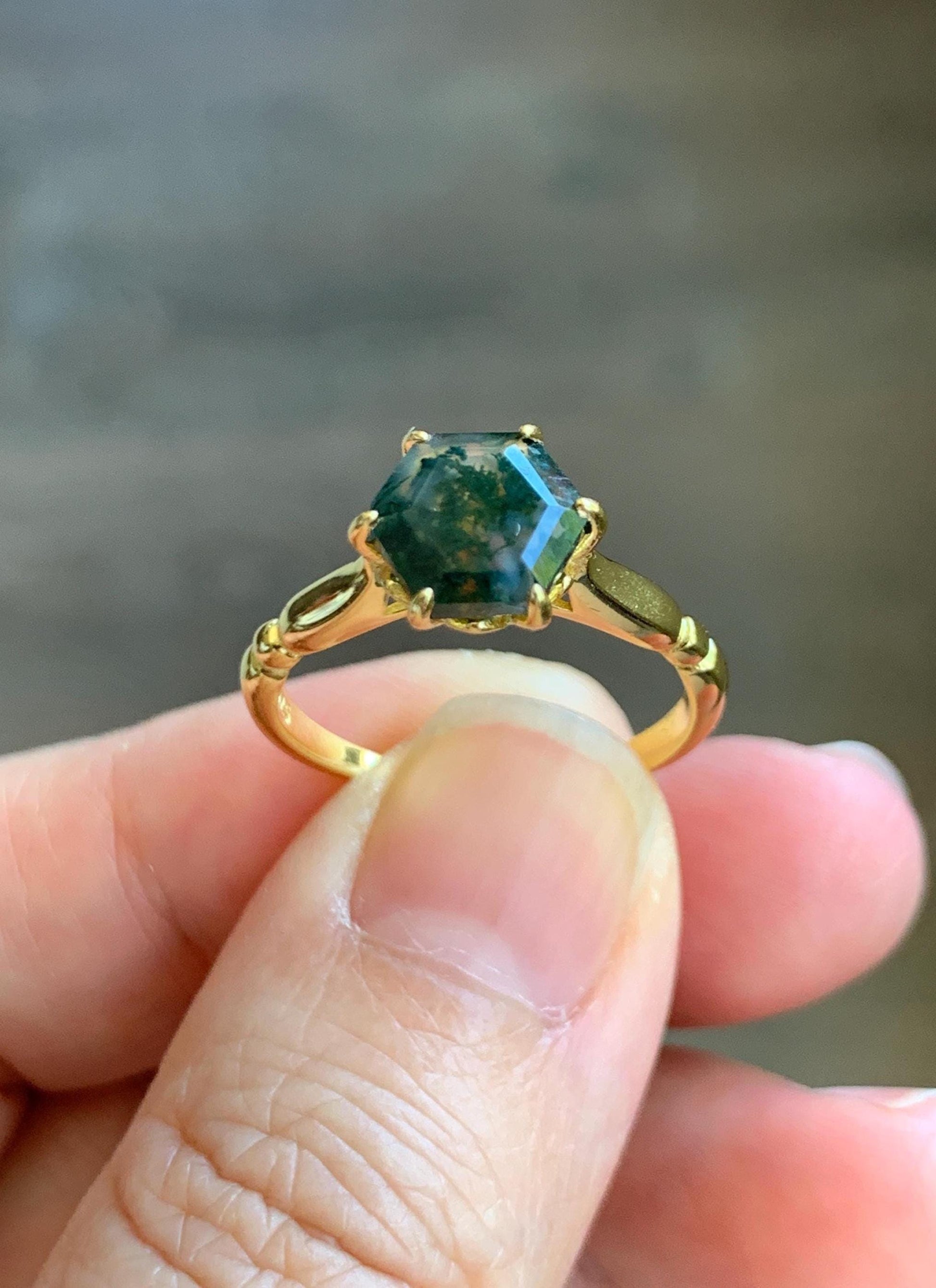 Natural Genuine Moss Agate Premium Hexagon Cut Solitaire Ring 925 Sterling Silver Yellow Gold Overlay Size 8 US 3g Moss Agate Retro Ring 435