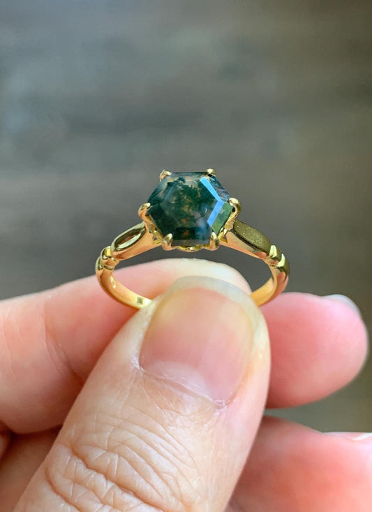 Natural Genuine Moss Agate Premium Hexagon Cut Solitaire Ring 925 Sterling Silver Yellow Gold Overlay Size 8 US 3g Moss Agate Retro Ring 435