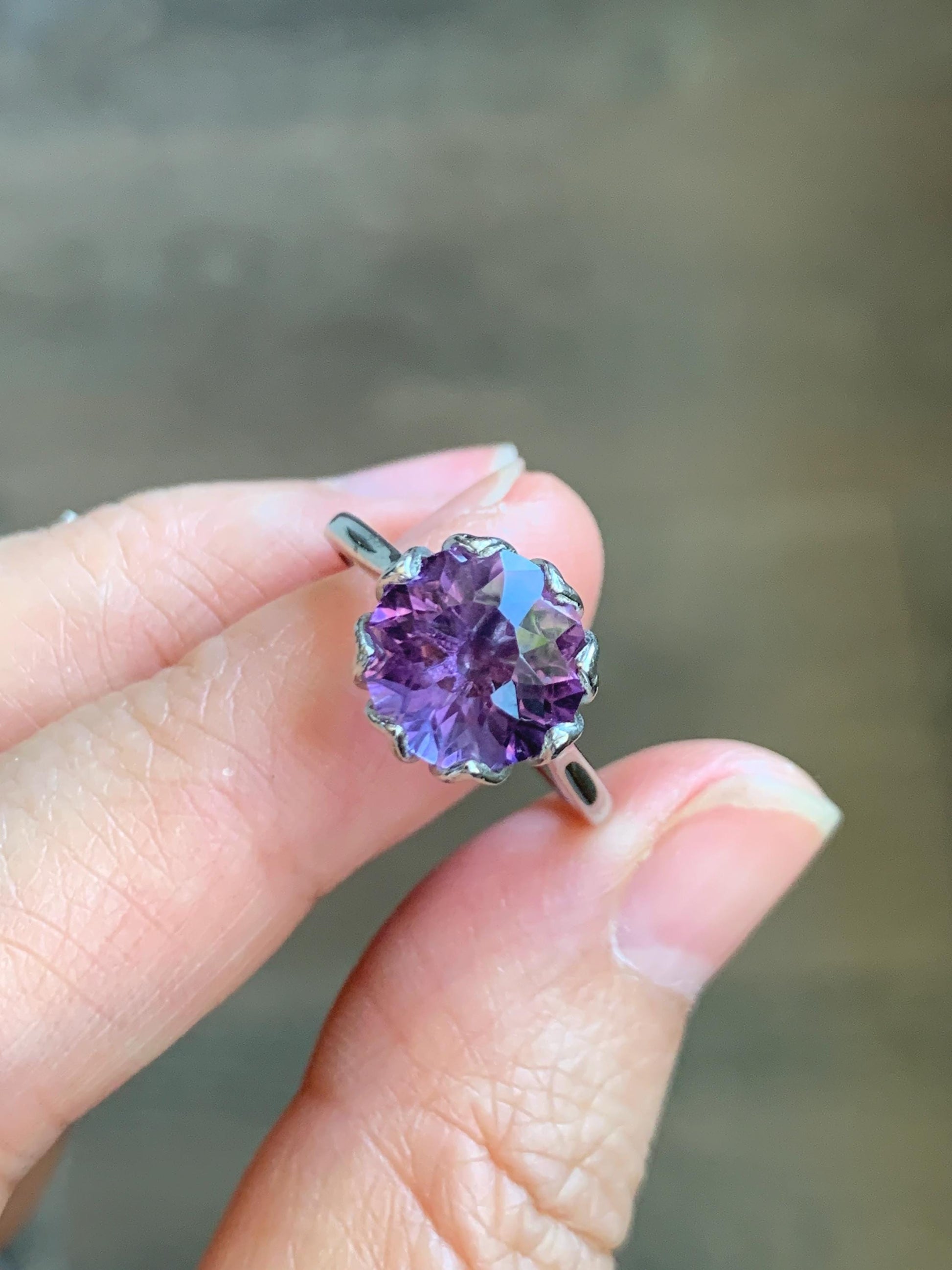 Natural Genuine Amethyst Large Round Cut Solitaire Ring 925 Sterling Silver 10mm Size 7 US 3g Amethyst Solitaire Ring 915