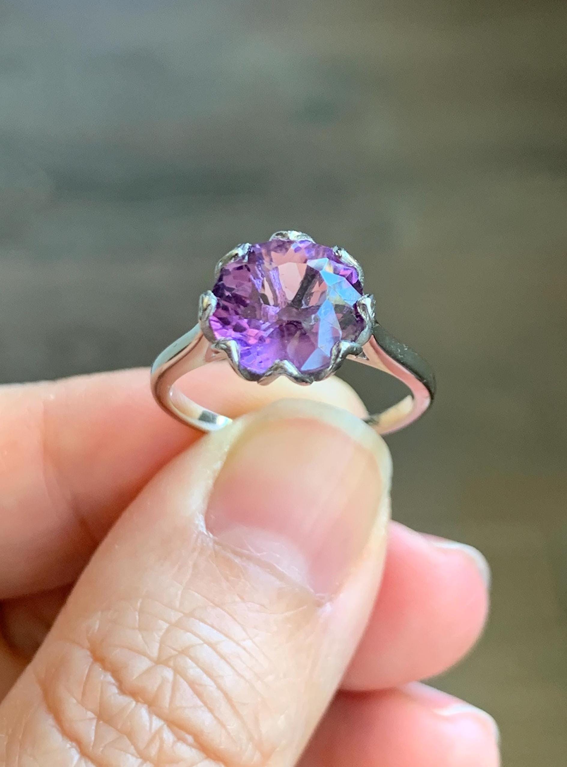 Natural Genuine Amethyst Large Round Cut Solitaire Ring 925 Sterling Silver 10mm Size 7 US 3g Amethyst Solitaire Ring 915