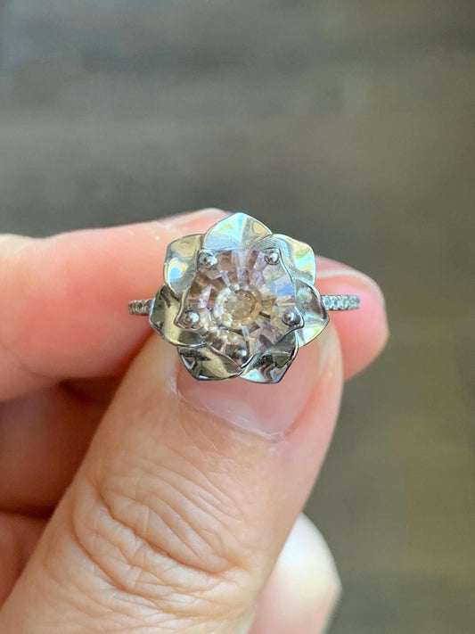 Natural Genuine Ametrine Large Round Cut Floral Design 5-prong Ring 925 Sterling Silver 8mm Size 6 US approx. 4g Ametrine Silver Ring 023