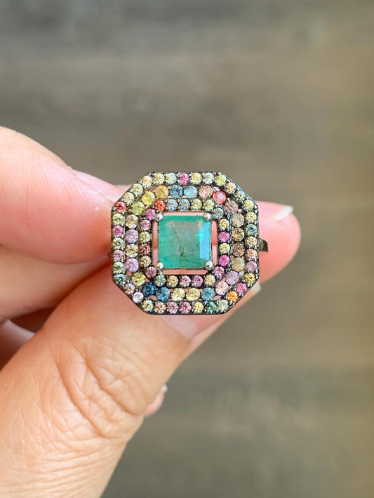 Natural Genuine 6x6mm Emerald & Natural Multicolored Rainbow Sapphire Ring Sterling Silver Size 7 US 4g Untreated Emerald Silver Ring 401