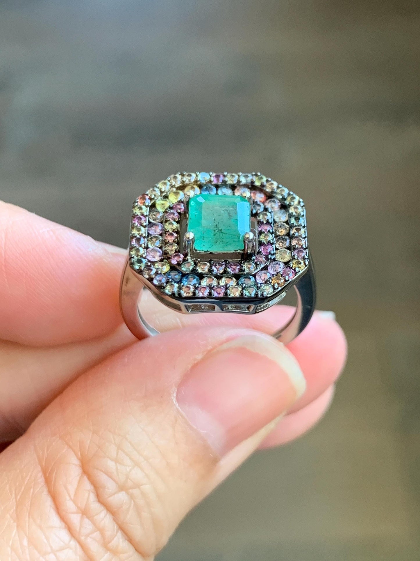 Natural Genuine 6x6mm Emerald & Natural Multicolored Rainbow Sapphire Ring Sterling Silver Size 7 US 4g Untreated Emerald Silver Ring 401