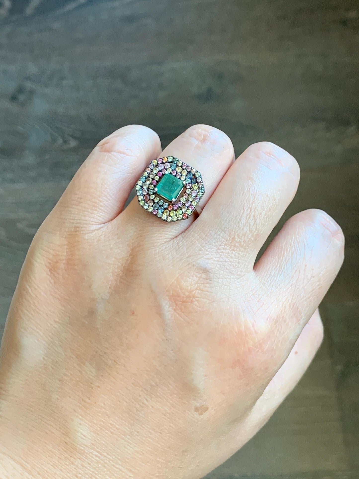 Natural Genuine 6x6mm Emerald & Natural Multicolored Rainbow Sapphire Ring Sterling Silver Size 7 US 4g Untreated Emerald Silver Ring 401
