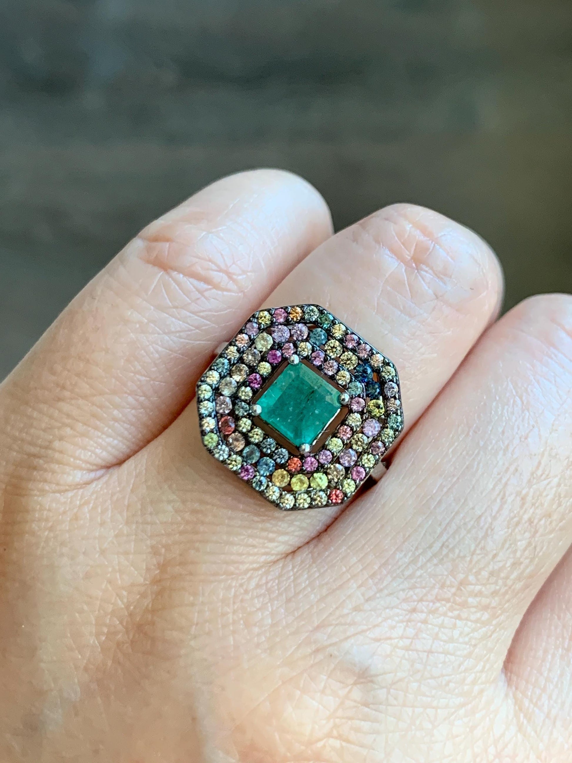 Natural Genuine 6x6mm Emerald & Natural Multicolored Rainbow Sapphire Ring Sterling Silver Size 7 US 4g Untreated Emerald Silver Ring 401