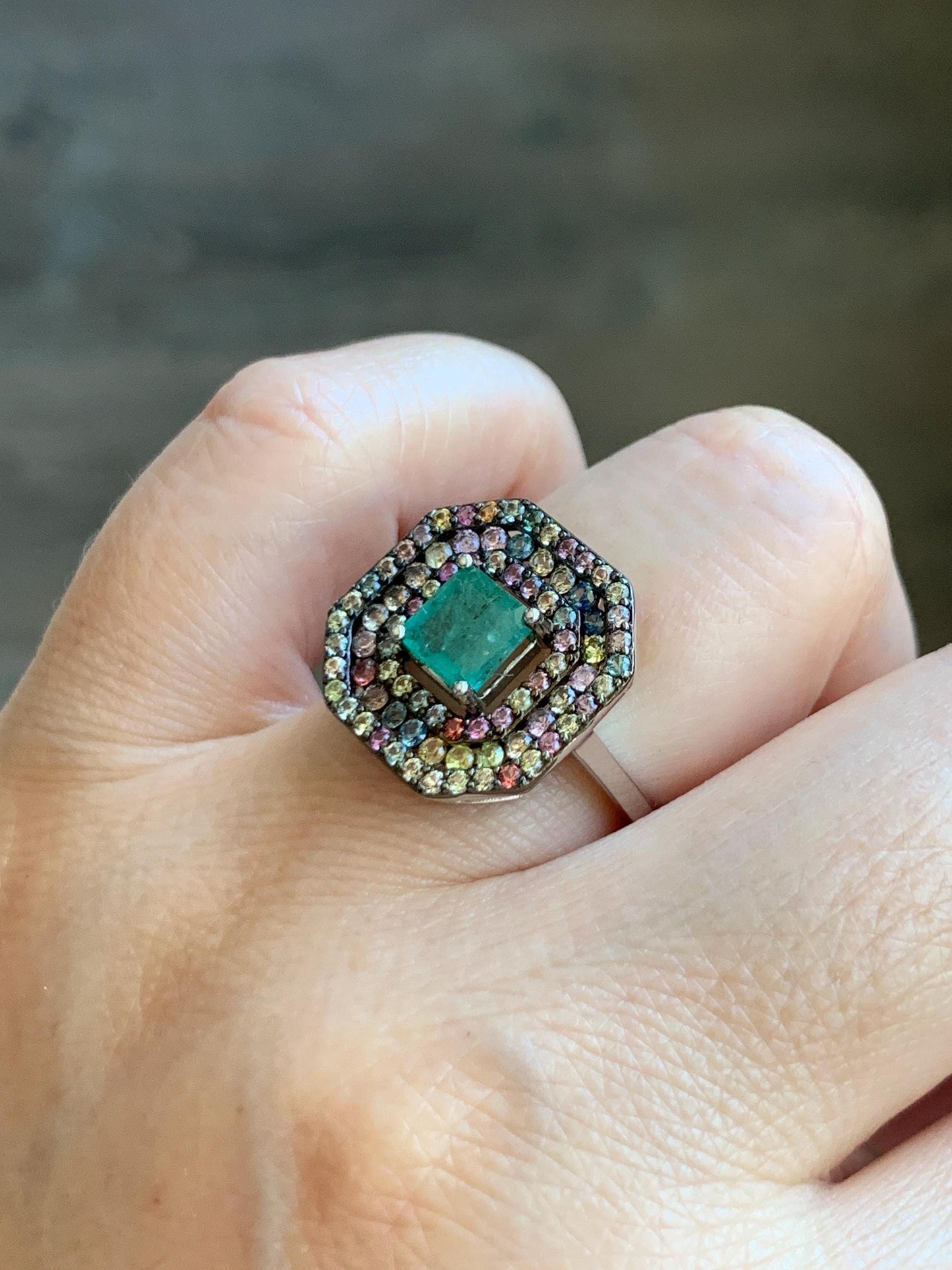 Natural Genuine 6x6mm Emerald & Natural Multicolored Rainbow Sapphire Ring Sterling Silver Size 7 US 4g Untreated Emerald Silver Ring 401