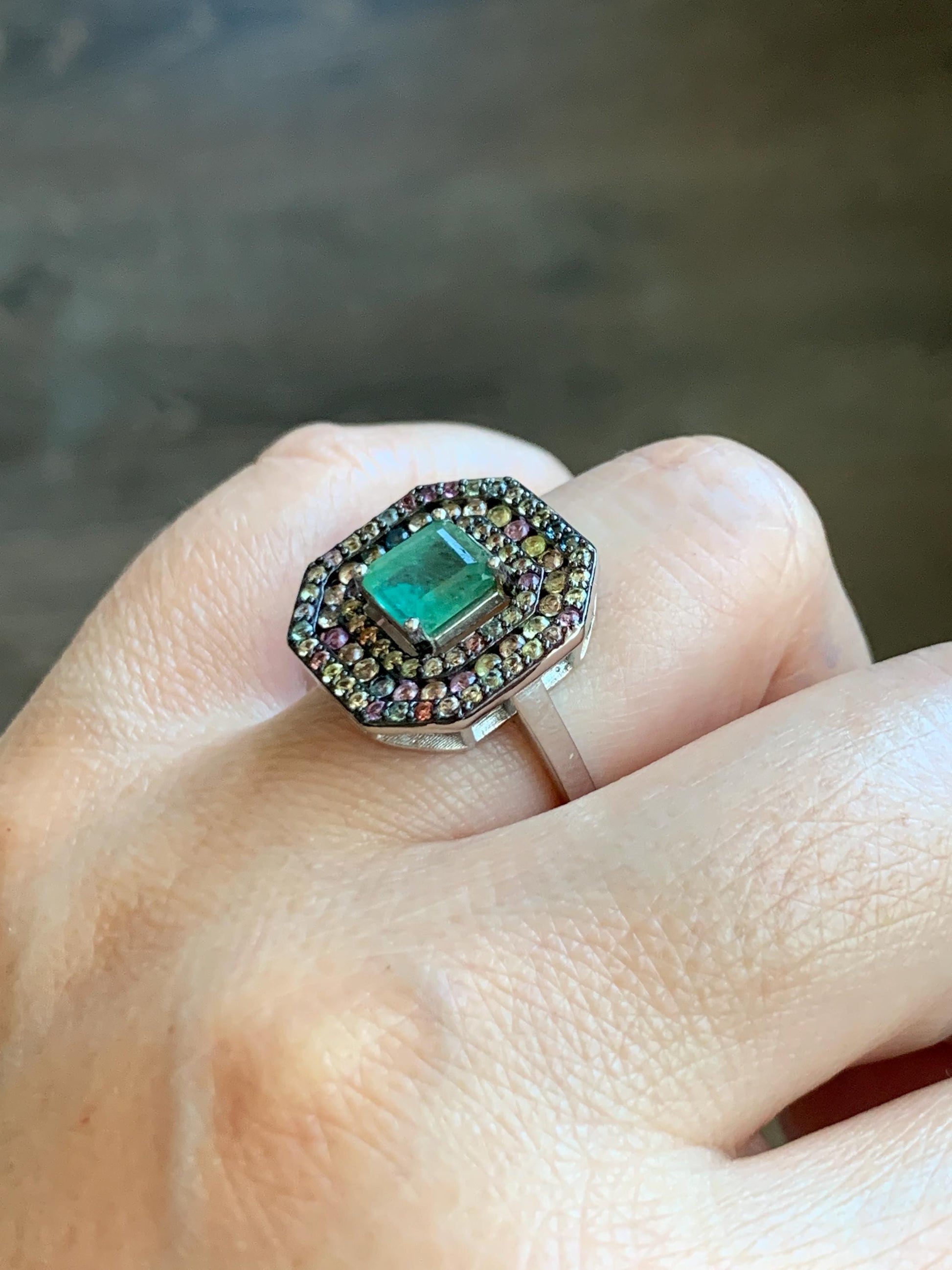Natural Genuine 6.7x6.7mm Emerald & Natural Multicolored Rainbow Sapphire Ring Sterling Silver Size 8 US 4g Untreated Emerald Ring 680