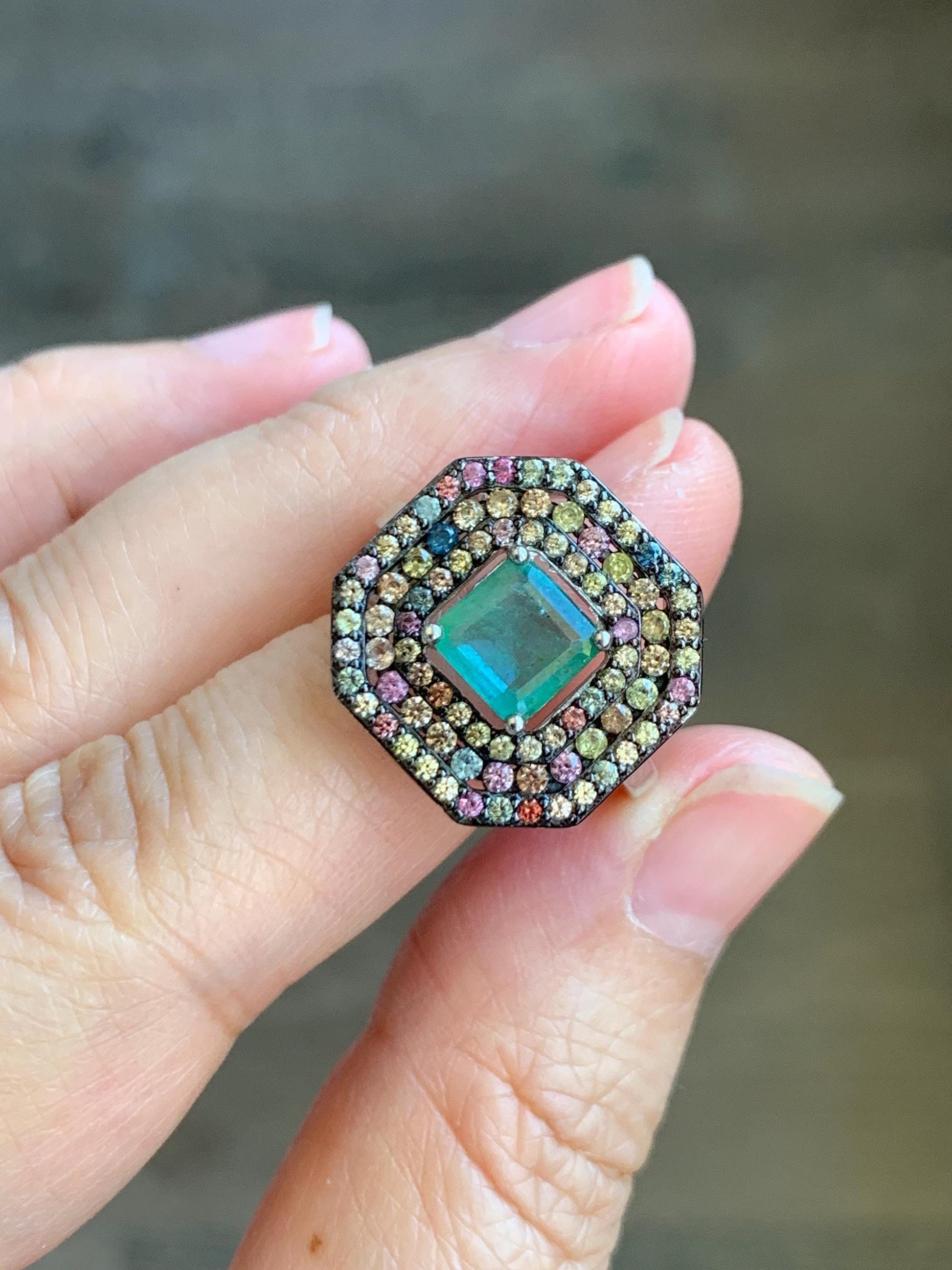 Natural Genuine 6.7x6.7mm Emerald & Natural Multicolored Rainbow Sapphire Ring Sterling Silver Size 8 US 4g Untreated Emerald Ring 680