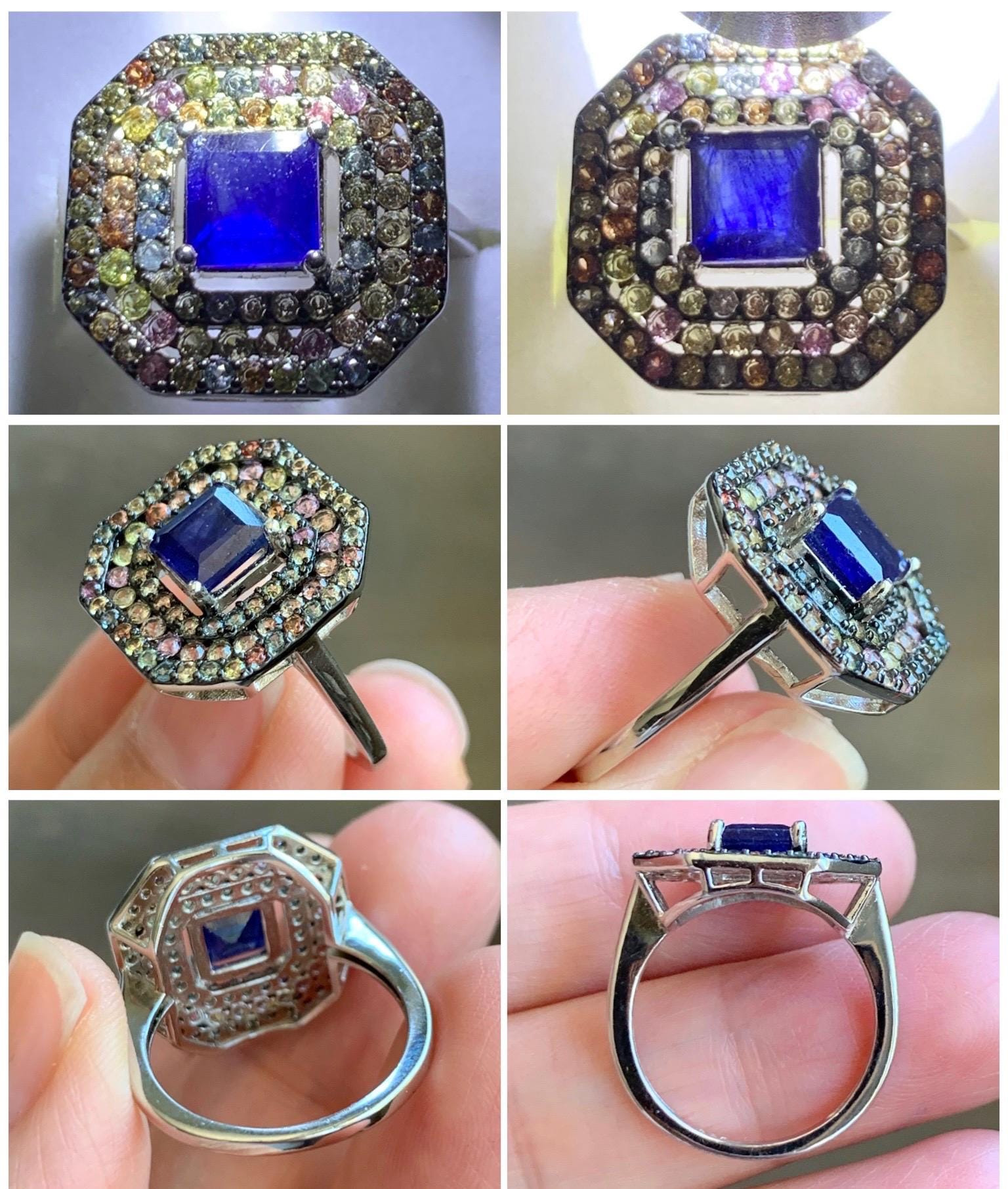 Genuine Blue Sapphire 6x6mm & Natural Multicolored Rainbow Sapphire Ring Sterling Silver Size 7 US 4g Heated Blue Sapphire Silver Ring 421
