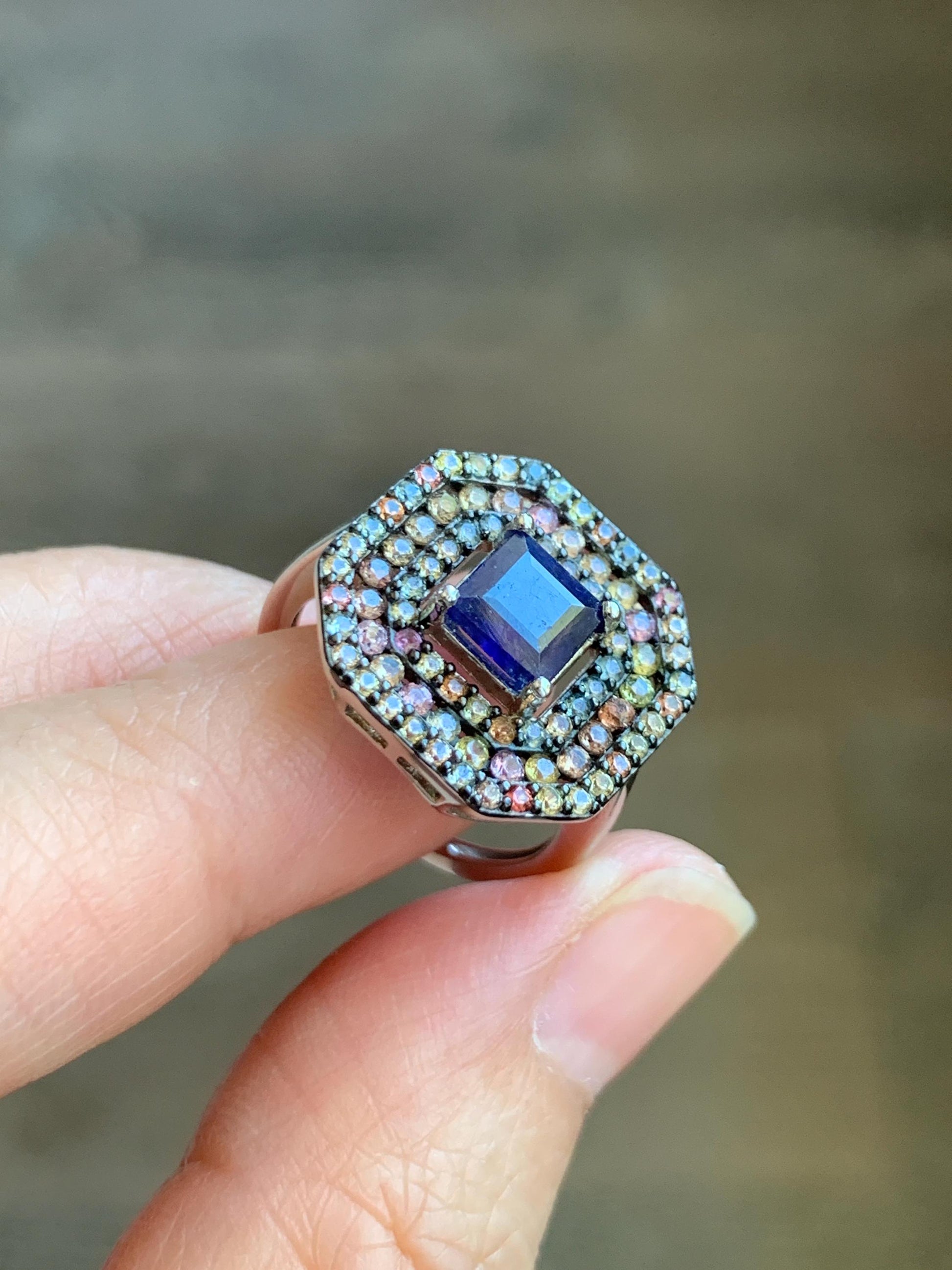 Genuine Blue Sapphire 6x6mm & Natural Multicolored Rainbow Sapphire Ring Sterling Silver Size 7 US 4g Heated Blue Sapphire Silver Ring 421