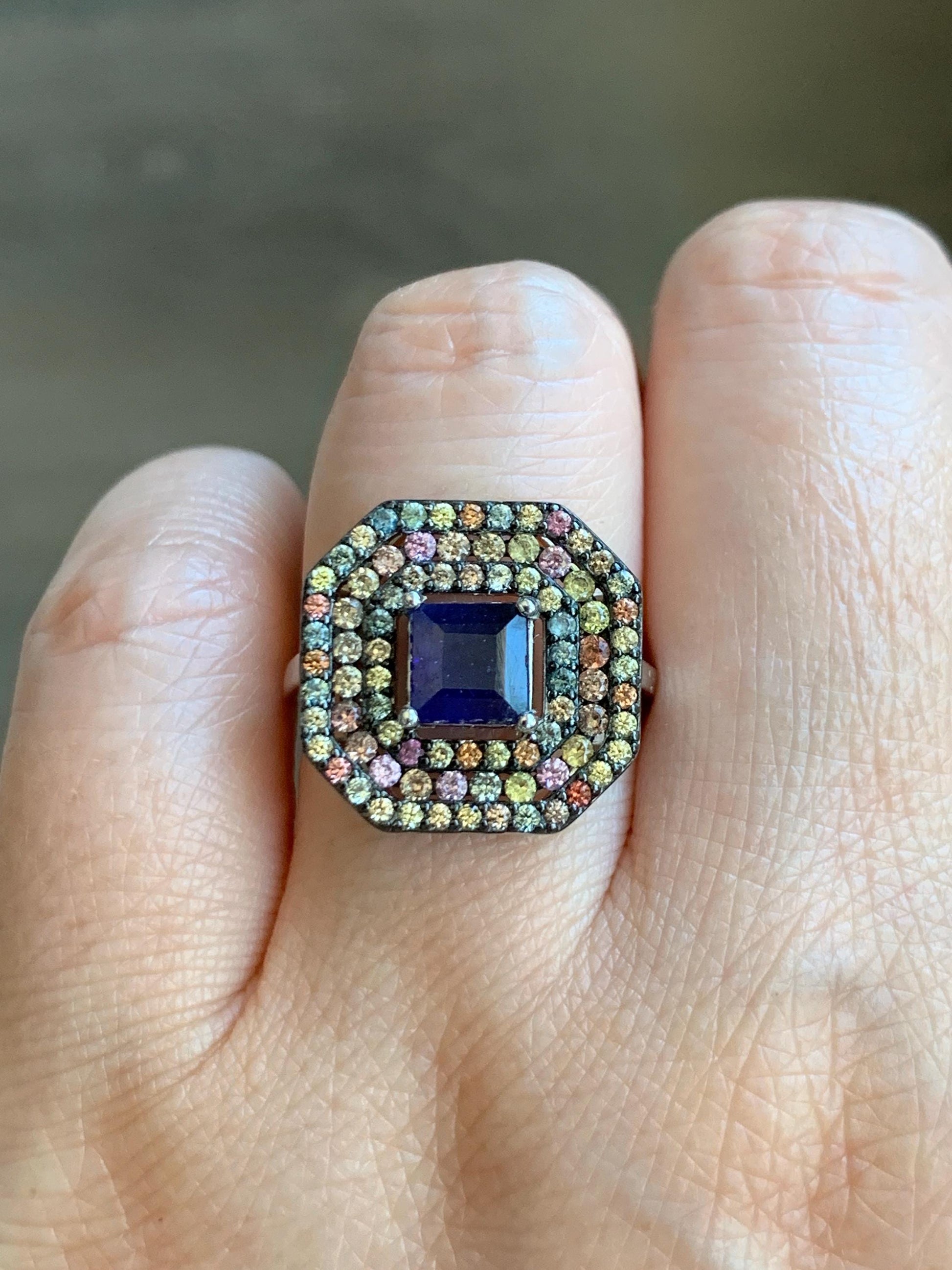 Genuine Blue Sapphire 6x6mm & Natural Multicolored Rainbow Sapphire Ring Sterling Silver Size 7 US 4g Heated Blue Sapphire Silver Ring 421