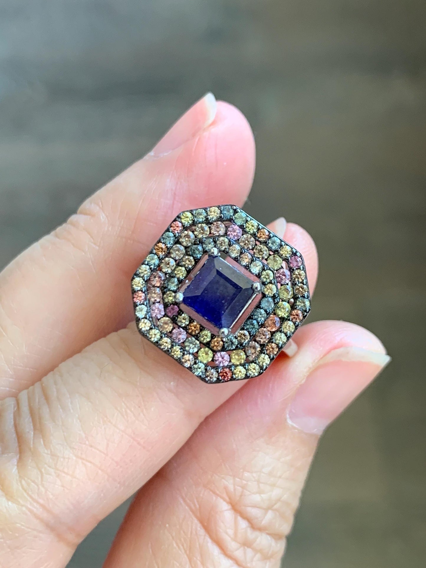 Genuine Blue Sapphire 6x6mm & Natural Multicolored Rainbow Sapphire Ring Sterling Silver Size 7 US 4g Heated Blue Sapphire Silver Ring 421