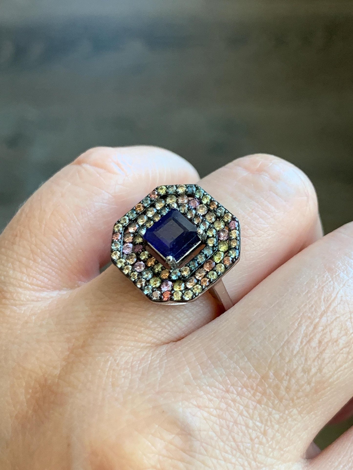 Genuine Blue Sapphire 6x6mm & Natural Multicolored Rainbow Sapphire Ring Sterling Silver Size 7 US 4g Heated Blue Sapphire Silver Ring 421