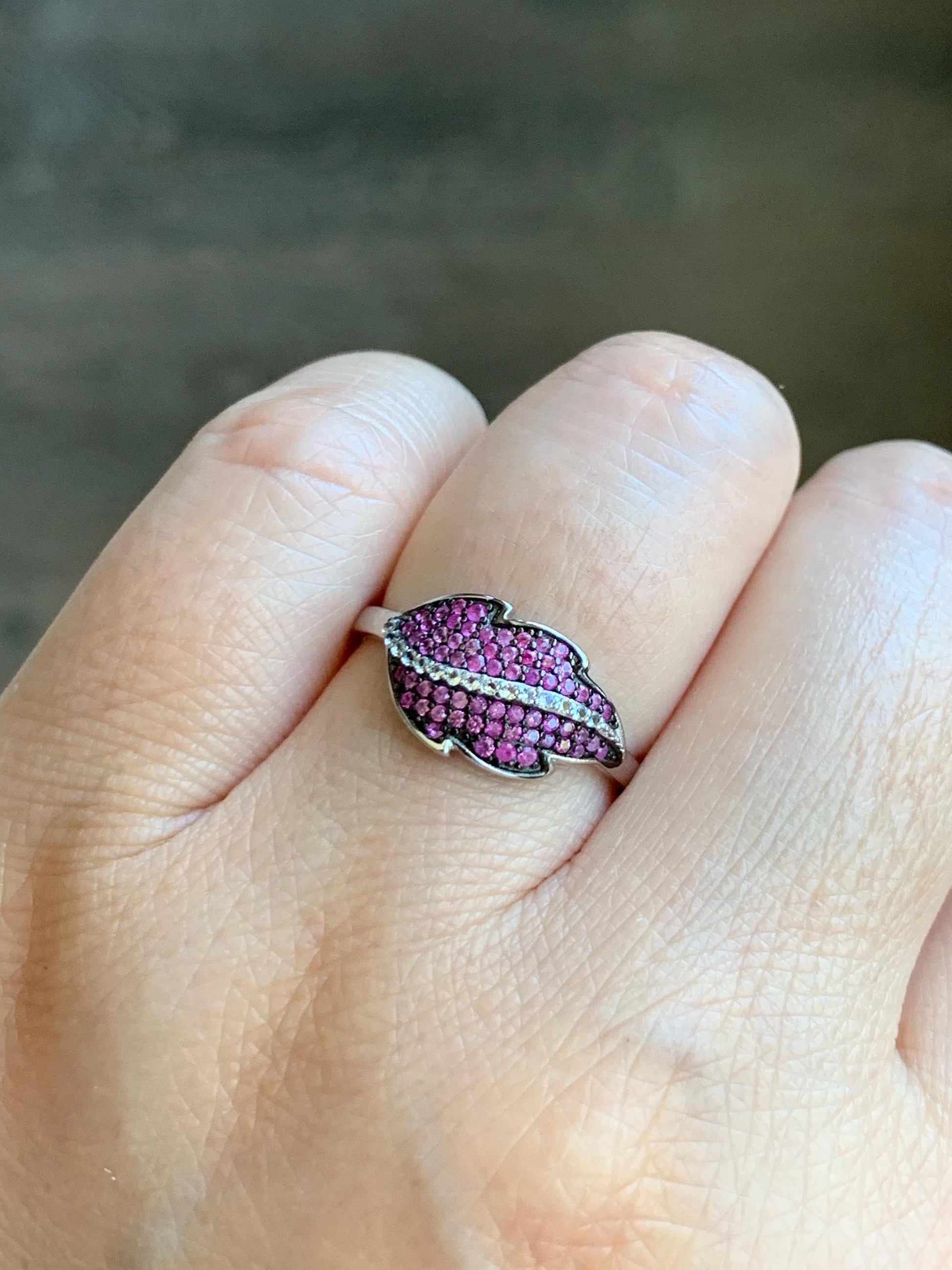 Natural Genuine Untreated Dark Pink Sapphire Cluster Leaf Ring 925 Sterling Silver Size 6.75 US 2g Pink Sapphire Ring 049