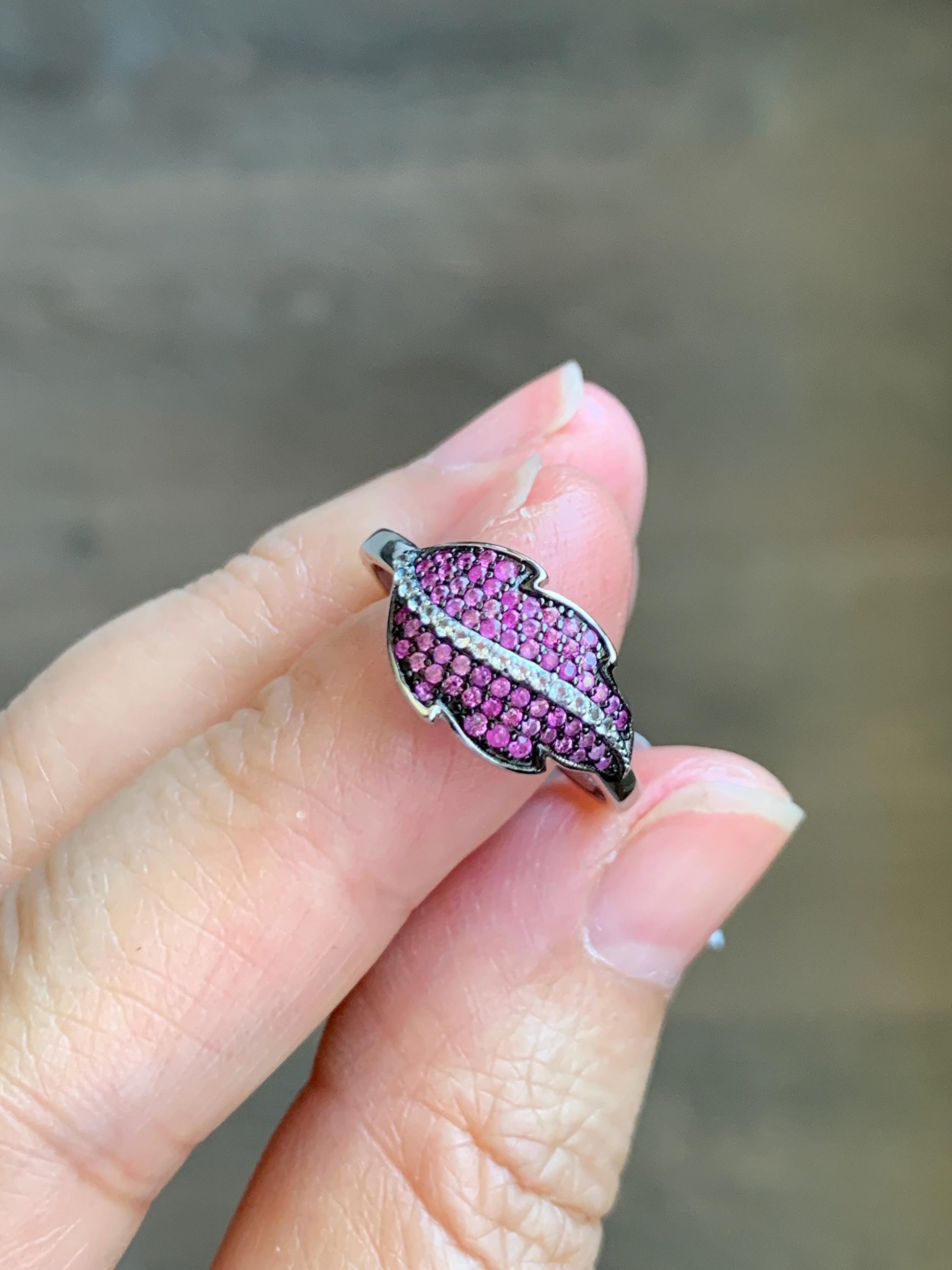 Natural Genuine Untreated Dark Pink Sapphire Cluster Leaf Ring 925 Sterling Silver Size 6.75 US 2g Pink Sapphire Ring 049