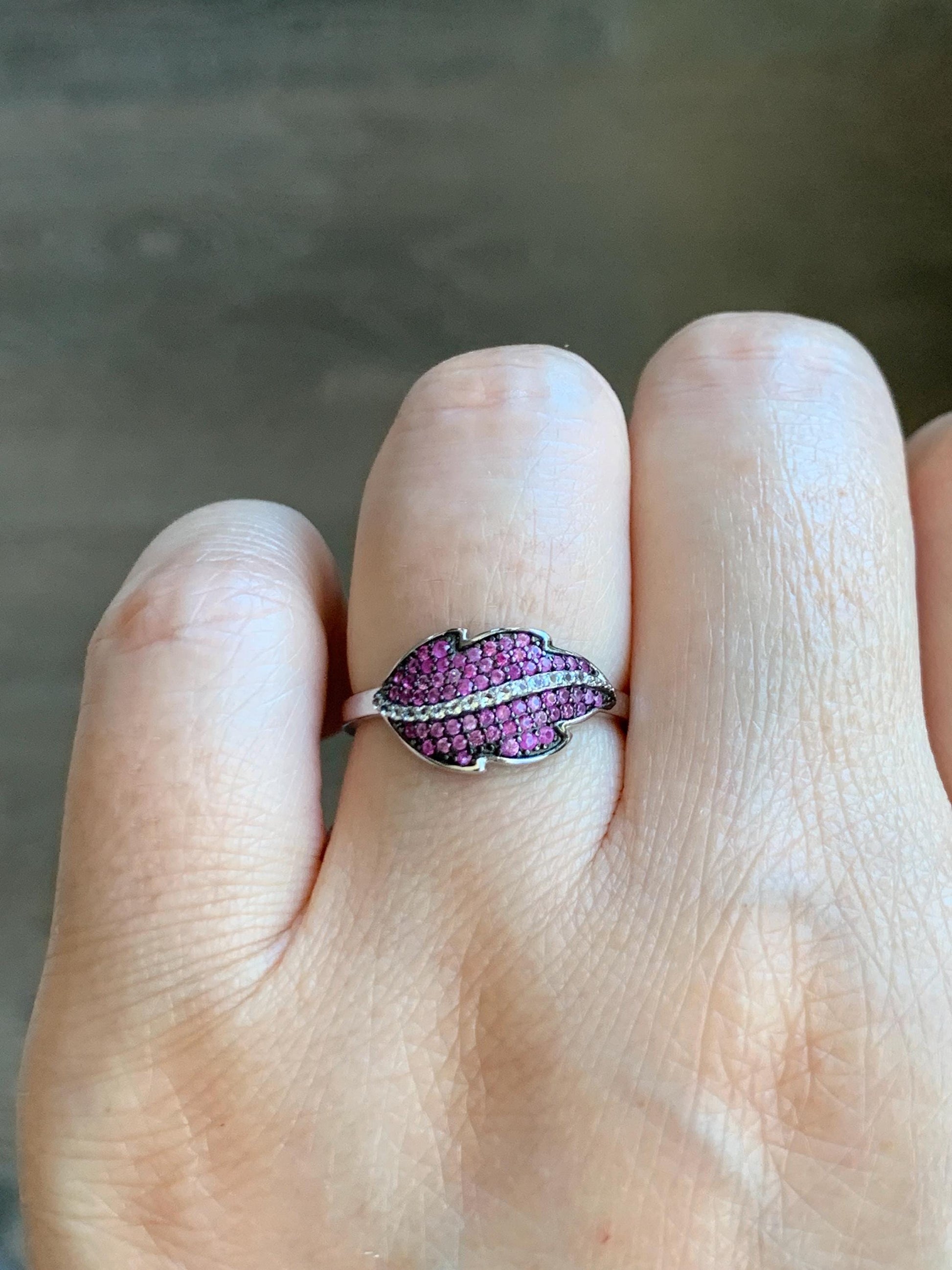 Natural Genuine Untreated Dark Pink Sapphire Cluster Leaf Ring 925 Sterling Silver Size 6.75 US 2g Pink Sapphire Ring 049