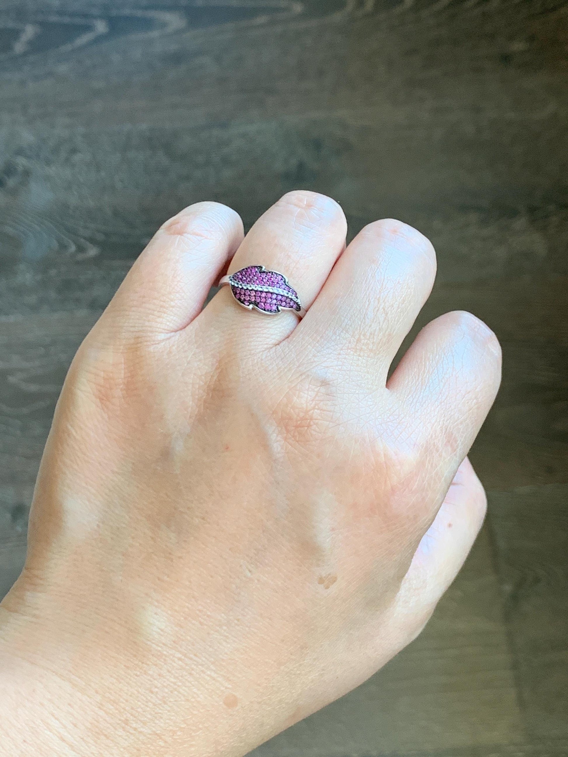 Natural Genuine Untreated Dark Pink Sapphire Cluster Leaf Ring 925 Sterling Silver Size 6.75 US 2g Pink Sapphire Ring 049