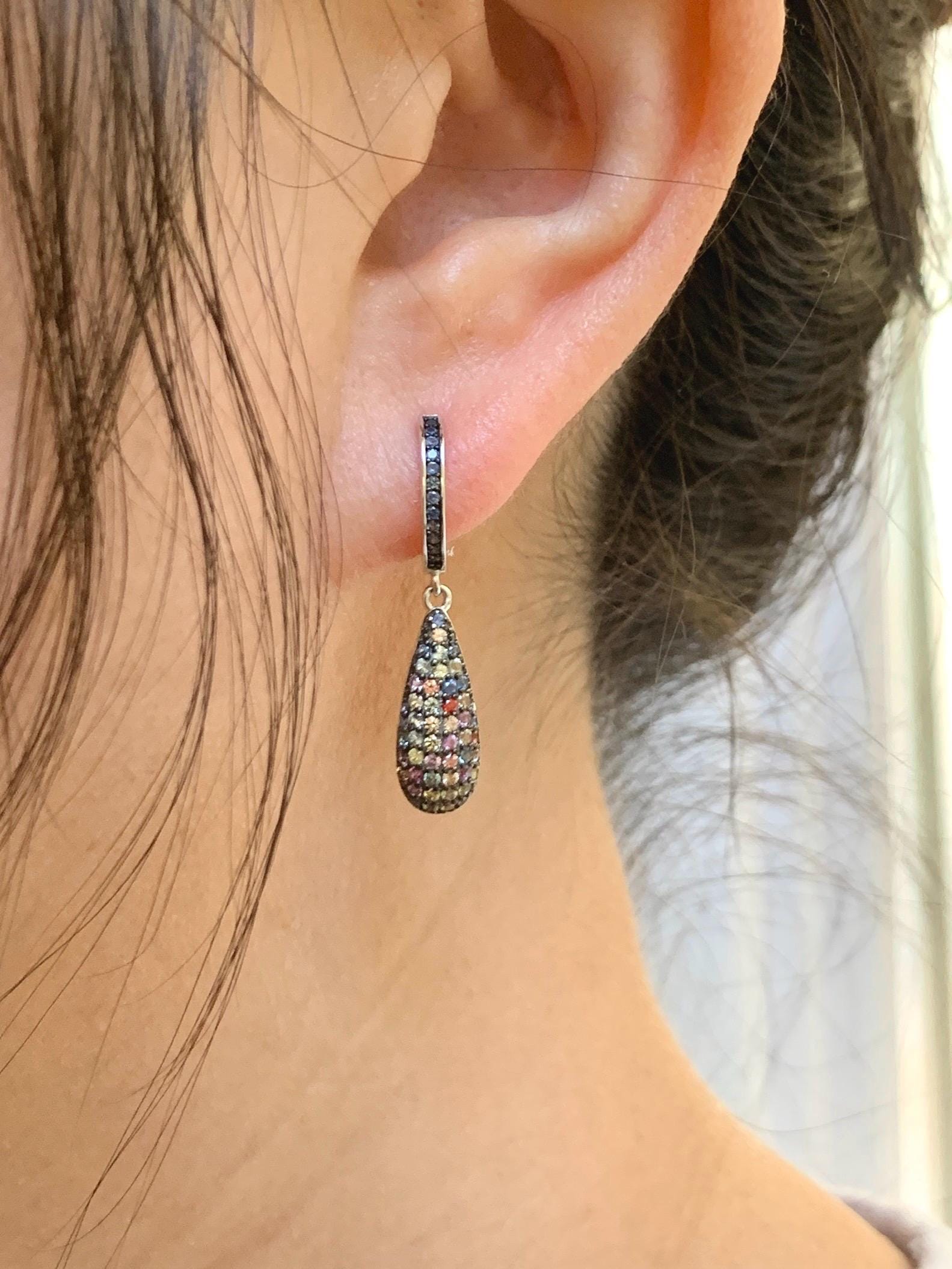 Natural Genuine Unheated Blue Sapphire Multicolored Rainbow Sapphire Cluster Teardrop Dangle Earrings Sterling Silver English Lock 4g 858-E