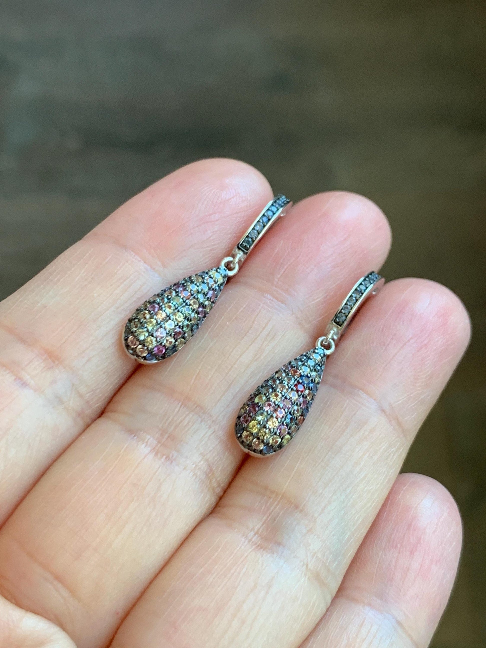 Natural Genuine Unheated Blue Sapphire Multicolored Rainbow Sapphire Cluster Teardrop Dangle Earrings Sterling Silver English Lock 4g 858-E