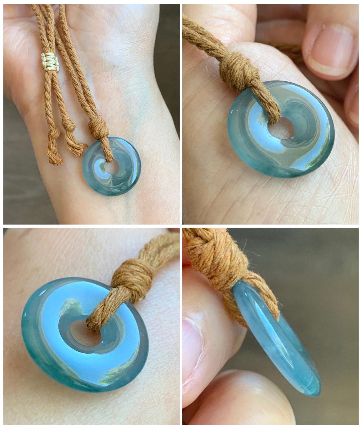 Natural Guatemalan Icy Translucent Dark Teal Blue Jade Jadeite Ping An Kou Donut Petite Pendant Rope Necklace 26” 天然冰危蓝绿翡翠平安扣吊坠 WXK55B