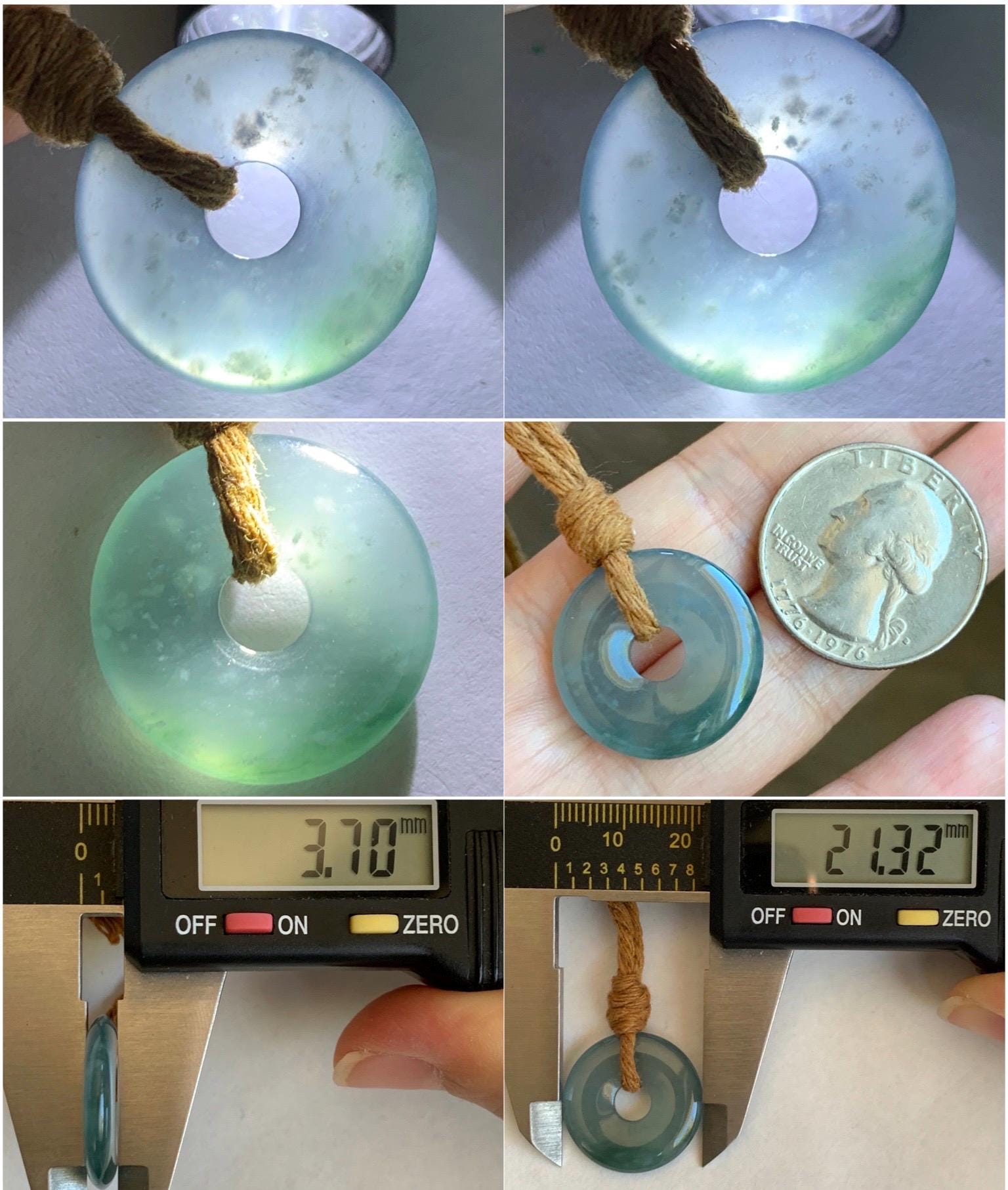 Natural Guatemalan Icy Translucent Dark Teal Blue Jade Jadeite Ping An Kou Donut Petite Pendant Rope Necklace 26” 天然冰危蓝绿翡翠平安扣吊坠 WXK55B