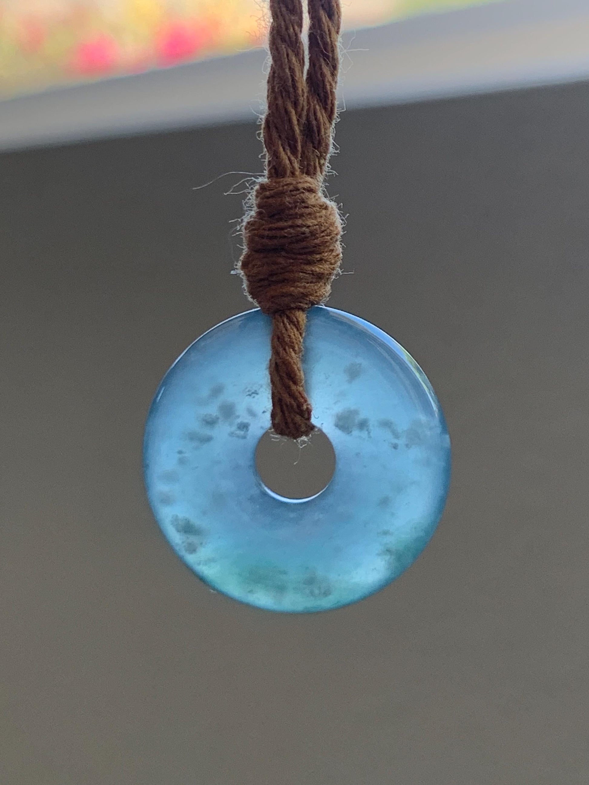 Natural Guatemalan Icy Translucent Dark Teal Blue Jade Jadeite Ping An Kou Donut Petite Pendant Rope Necklace 26” 天然冰危蓝绿翡翠平安扣吊坠 WXK55B