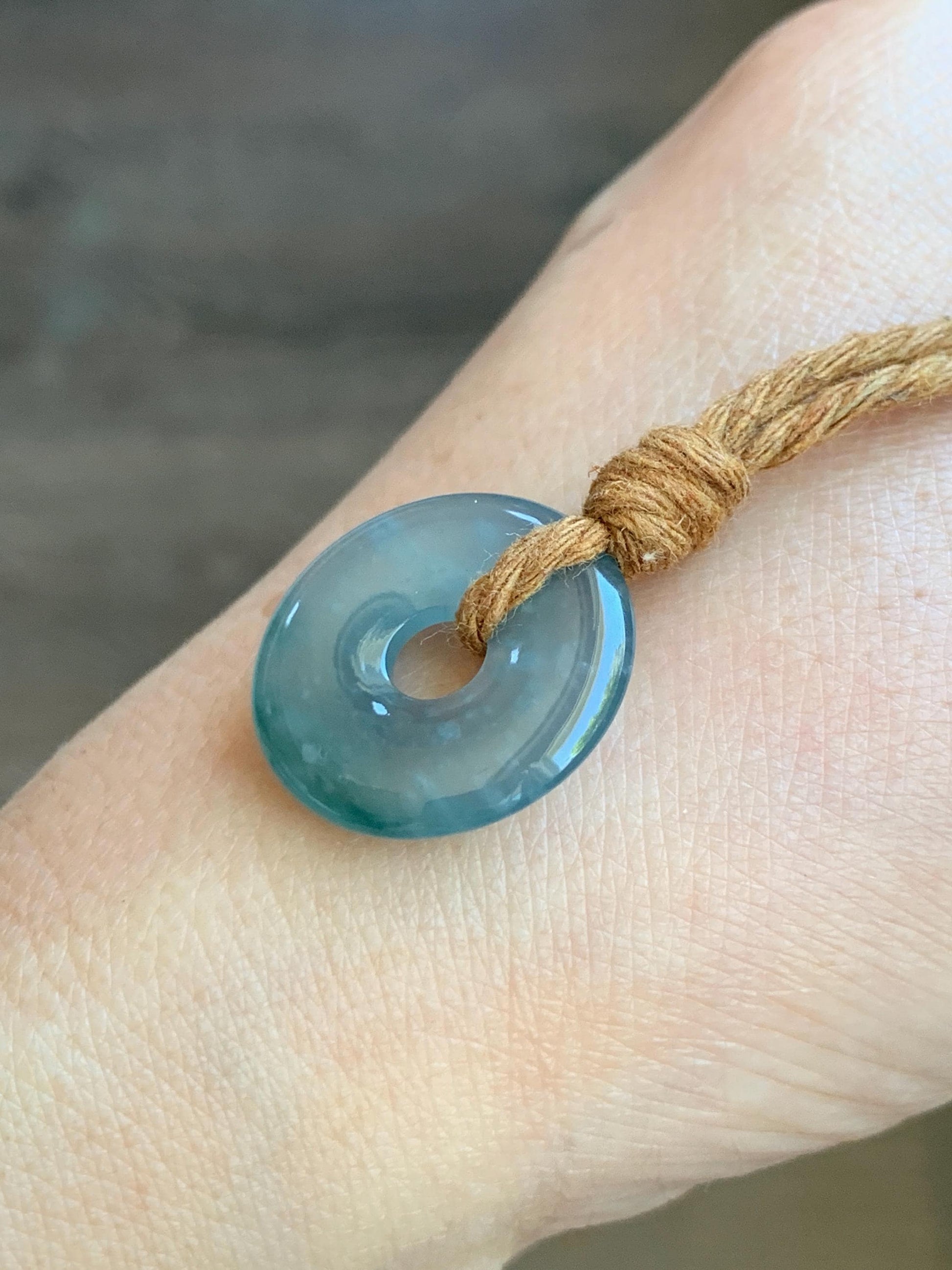 Natural Guatemalan Icy Translucent Dark Teal Blue Jade Jadeite Ping An Kou Donut Petite Pendant Rope Necklace 26” 天然冰危蓝绿翡翠平安扣吊坠 WXK55B