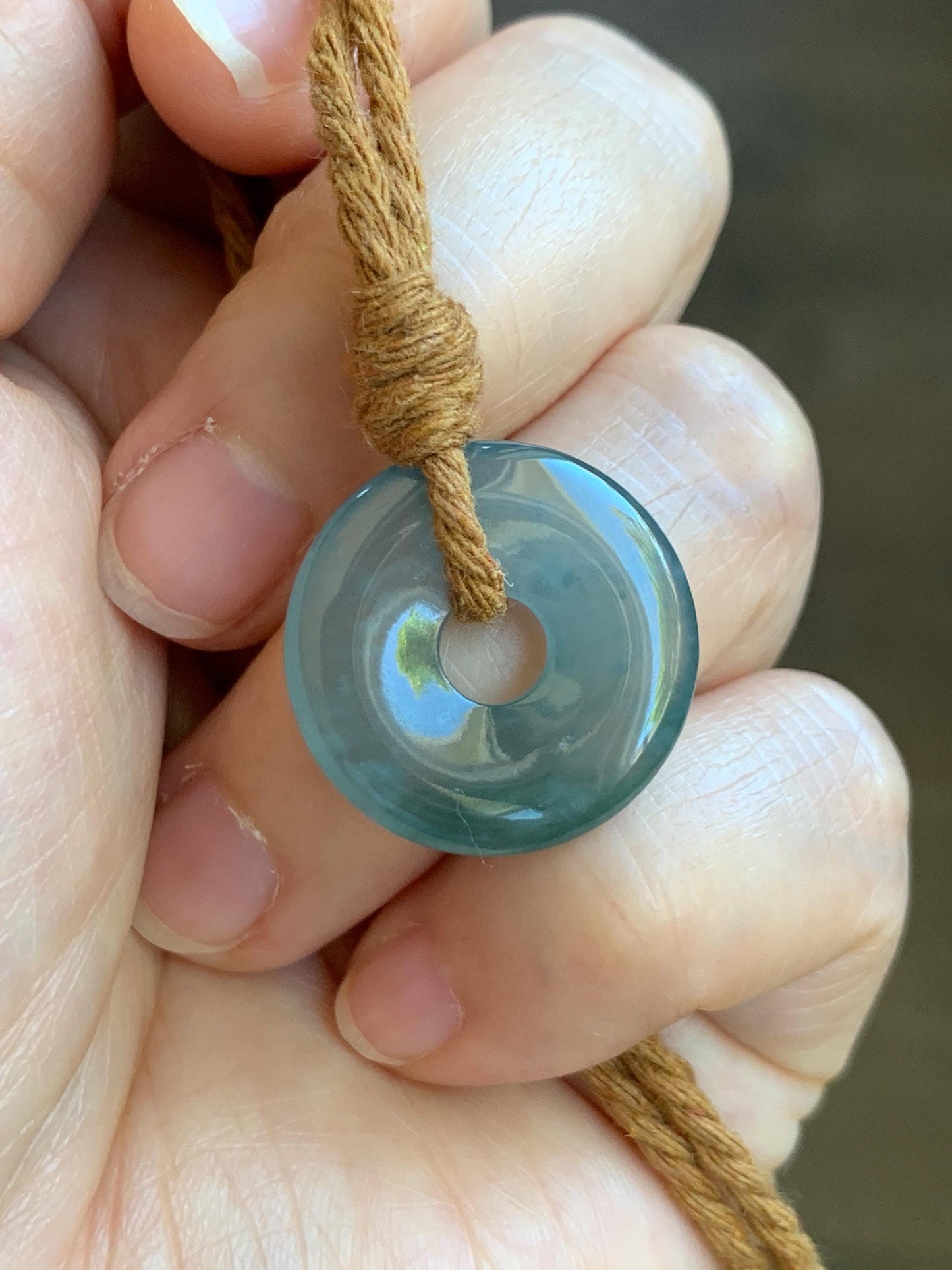 Natural Guatemalan Icy Translucent Dark Teal Blue Jade Jadeite Ping An Kou Donut Petite Pendant Rope Necklace 26” 天然冰危蓝绿翡翠平安扣吊坠 WXK55B
