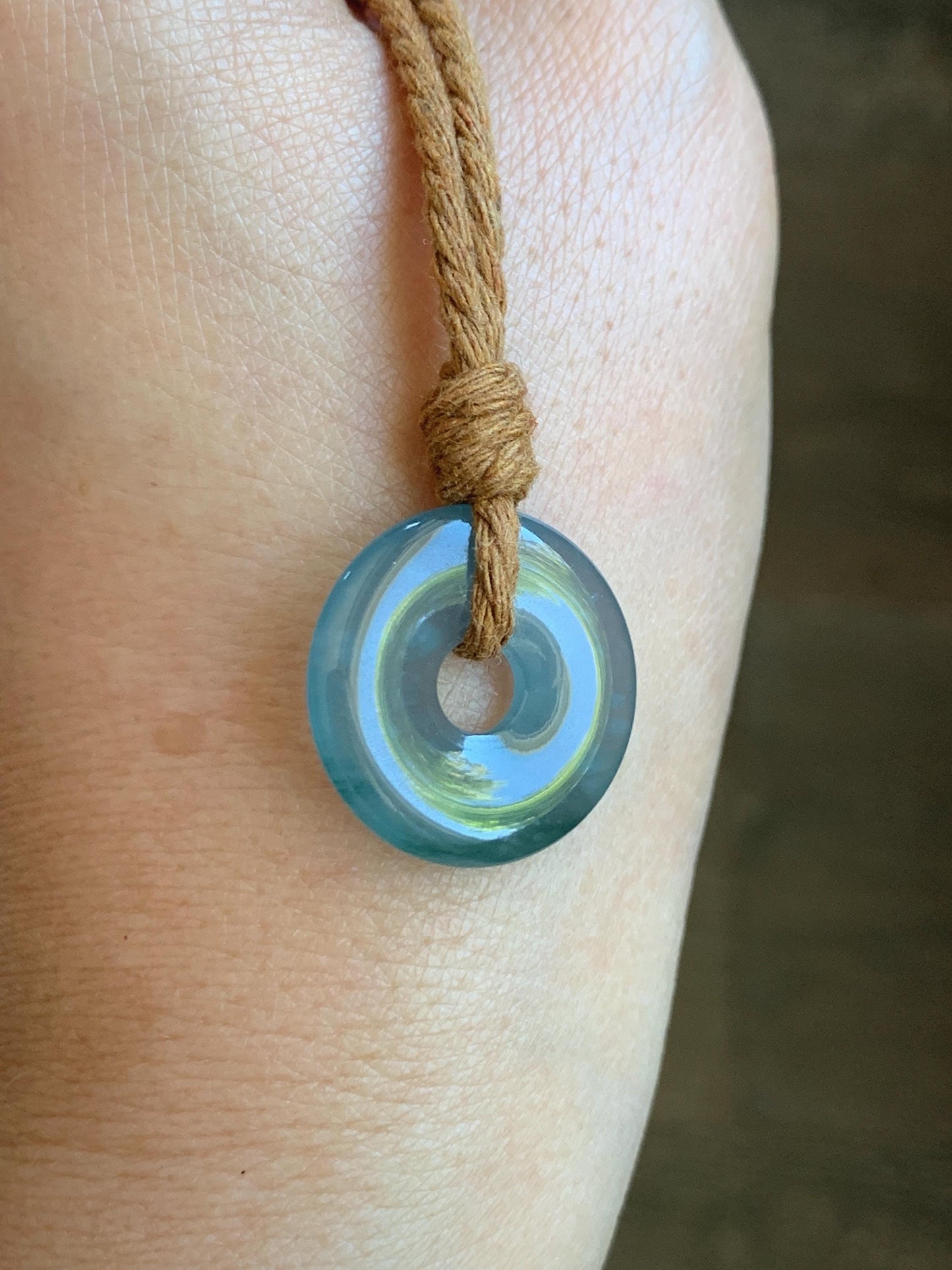 Natural Guatemalan Icy Translucent Dark Teal Blue Jade Jadeite Ping An Kou Donut Petite Pendant Rope Necklace 26” 天然冰危蓝绿翡翠平安扣吊坠 WXK55B