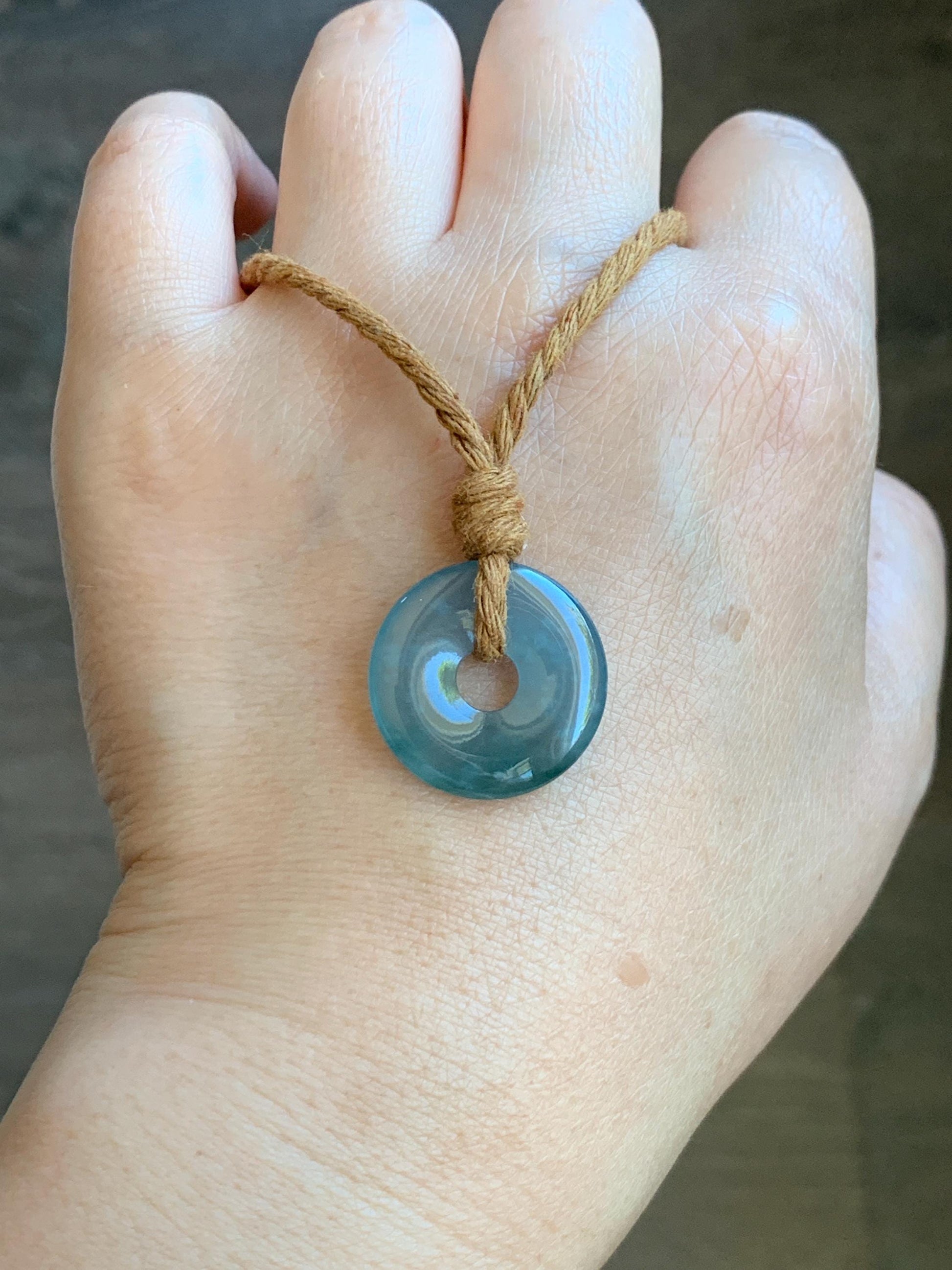 Natural Guatemalan Icy Translucent Dark Teal Blue Jade Jadeite Ping An Kou Donut Petite Pendant Rope Necklace 26” 天然冰危蓝绿翡翠平安扣吊坠 WXK55B