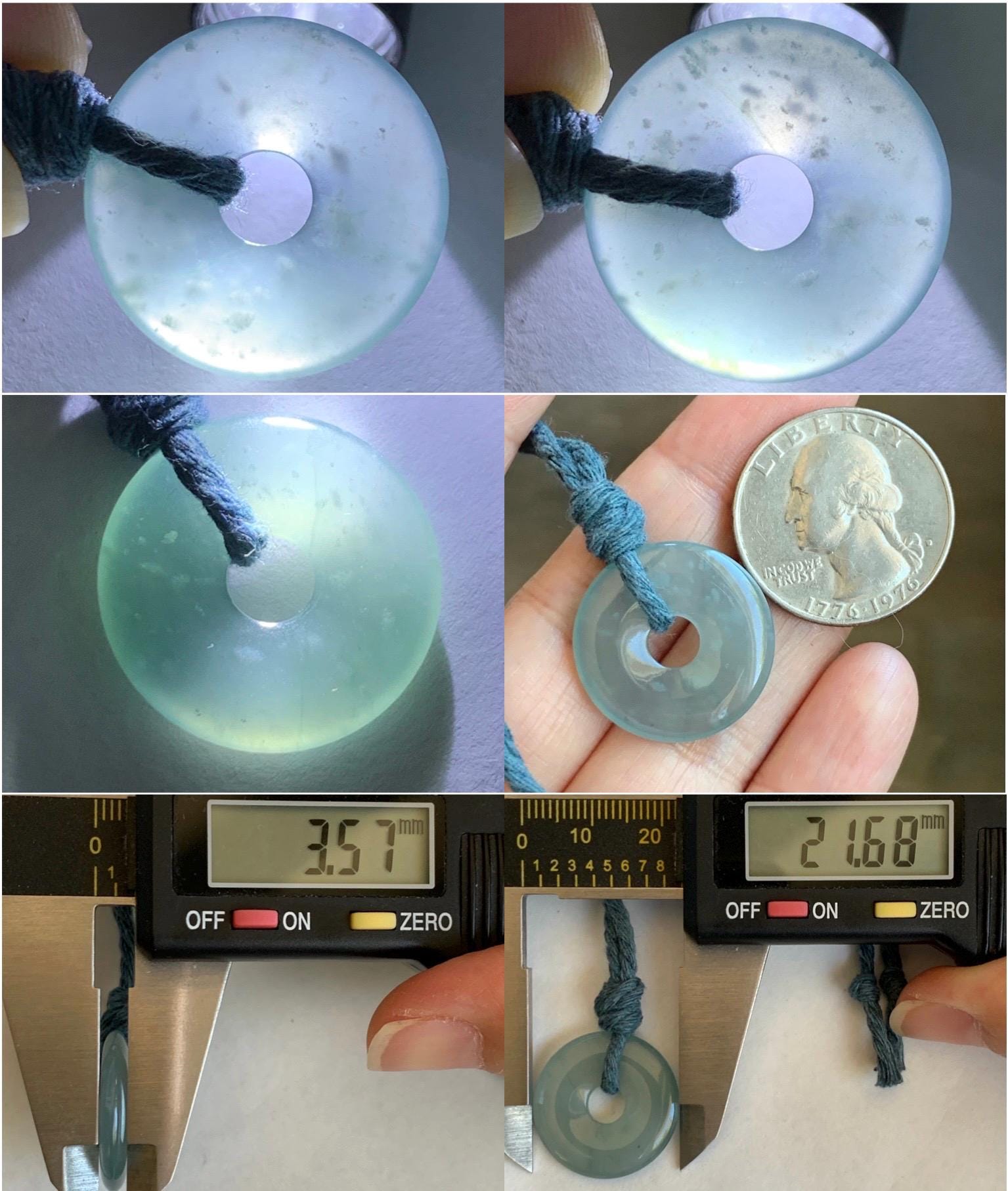 Natural Guatemalan Icy Translucent Light Teal Blue Jade Jadeite Ping An Kou Donut Petite Pendant Rope Necklace 26” 天然冰危浅蓝翡翠平安扣吊坠 WXK55N