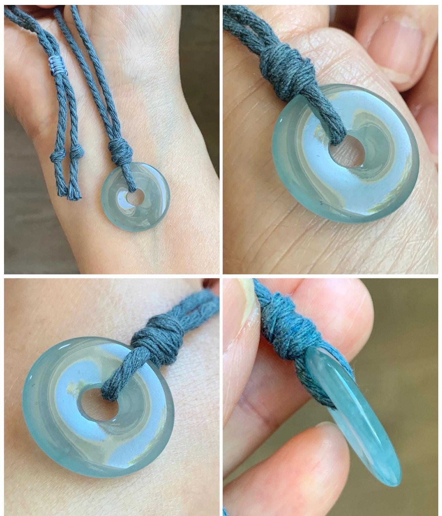 Natural Guatemalan Icy Translucent Light Teal Blue Jade Jadeite Ping An Kou Donut Petite Pendant Rope Necklace 26” 天然冰危浅蓝翡翠平安扣吊坠 WXK55N