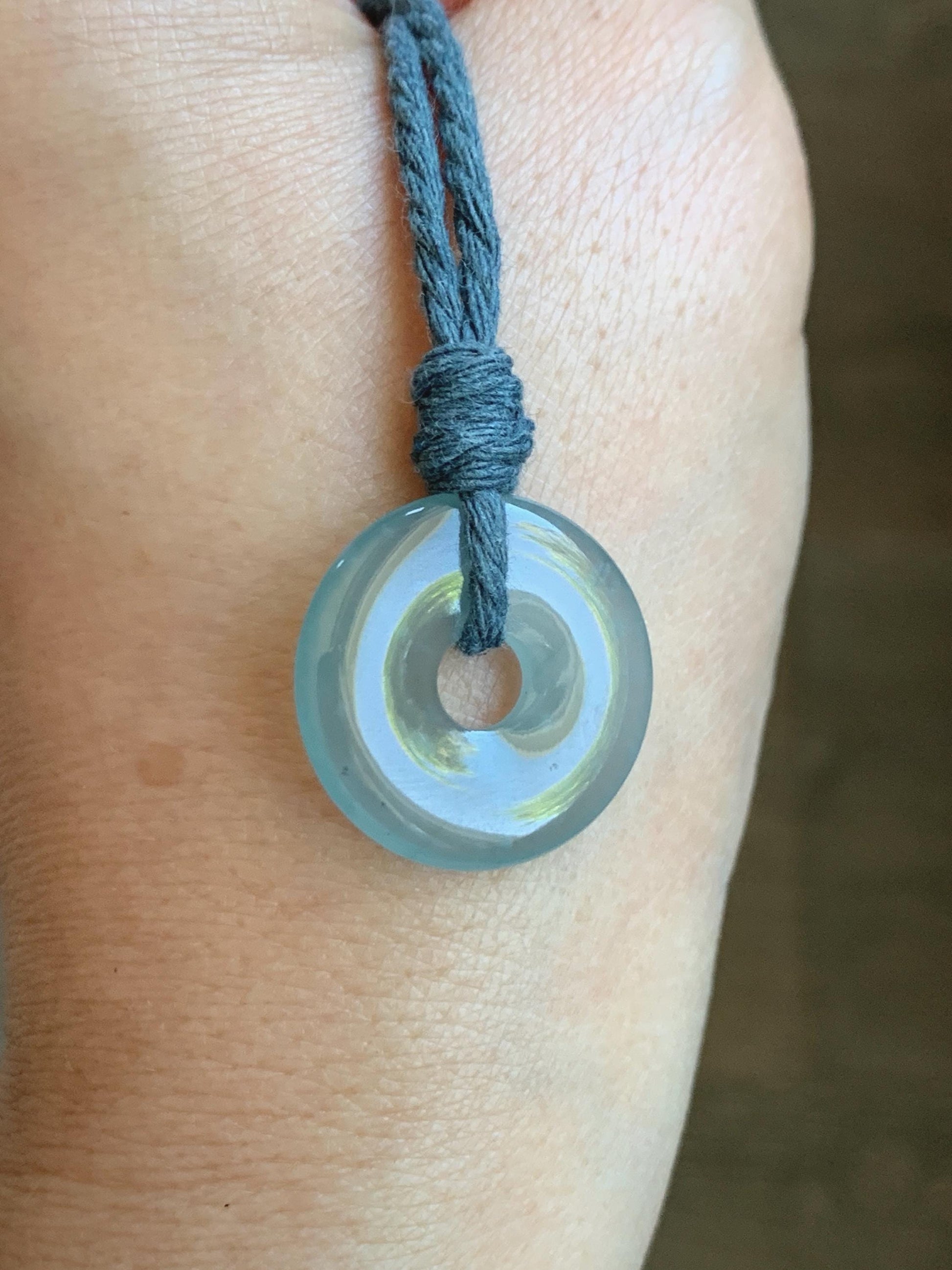 Natural Guatemalan Icy Translucent Light Teal Blue Jade Jadeite Ping An Kou Donut Petite Pendant Rope Necklace 26” 天然冰危浅蓝翡翠平安扣吊坠 WXK55N
