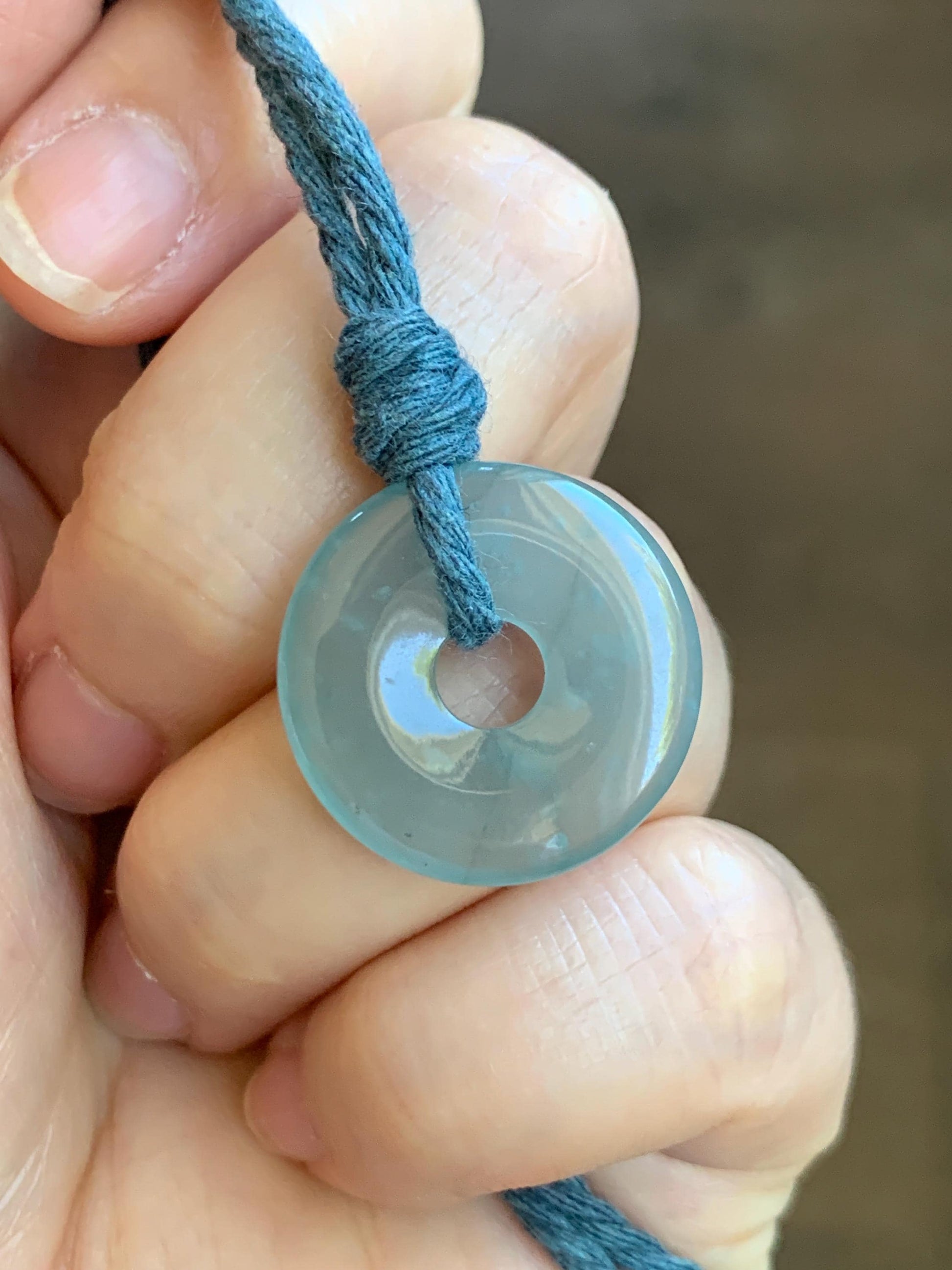 Natural Guatemalan Icy Translucent Light Teal Blue Jade Jadeite Ping An Kou Donut Petite Pendant Rope Necklace 26” 天然冰危浅蓝翡翠平安扣吊坠 WXK55N