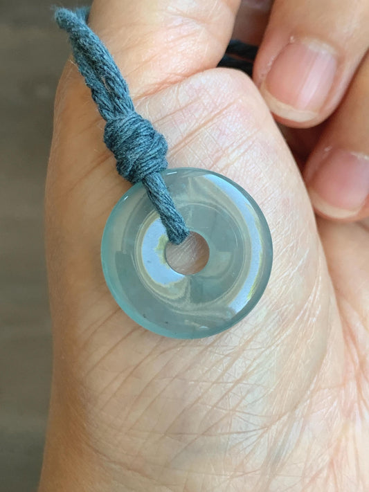 Natural Guatemalan Icy Translucent Light Teal Blue Jade Jadeite Ping An Kou Donut Petite Pendant Rope Necklace 26” 天然冰危浅蓝翡翠平安扣吊坠 WXK55N
