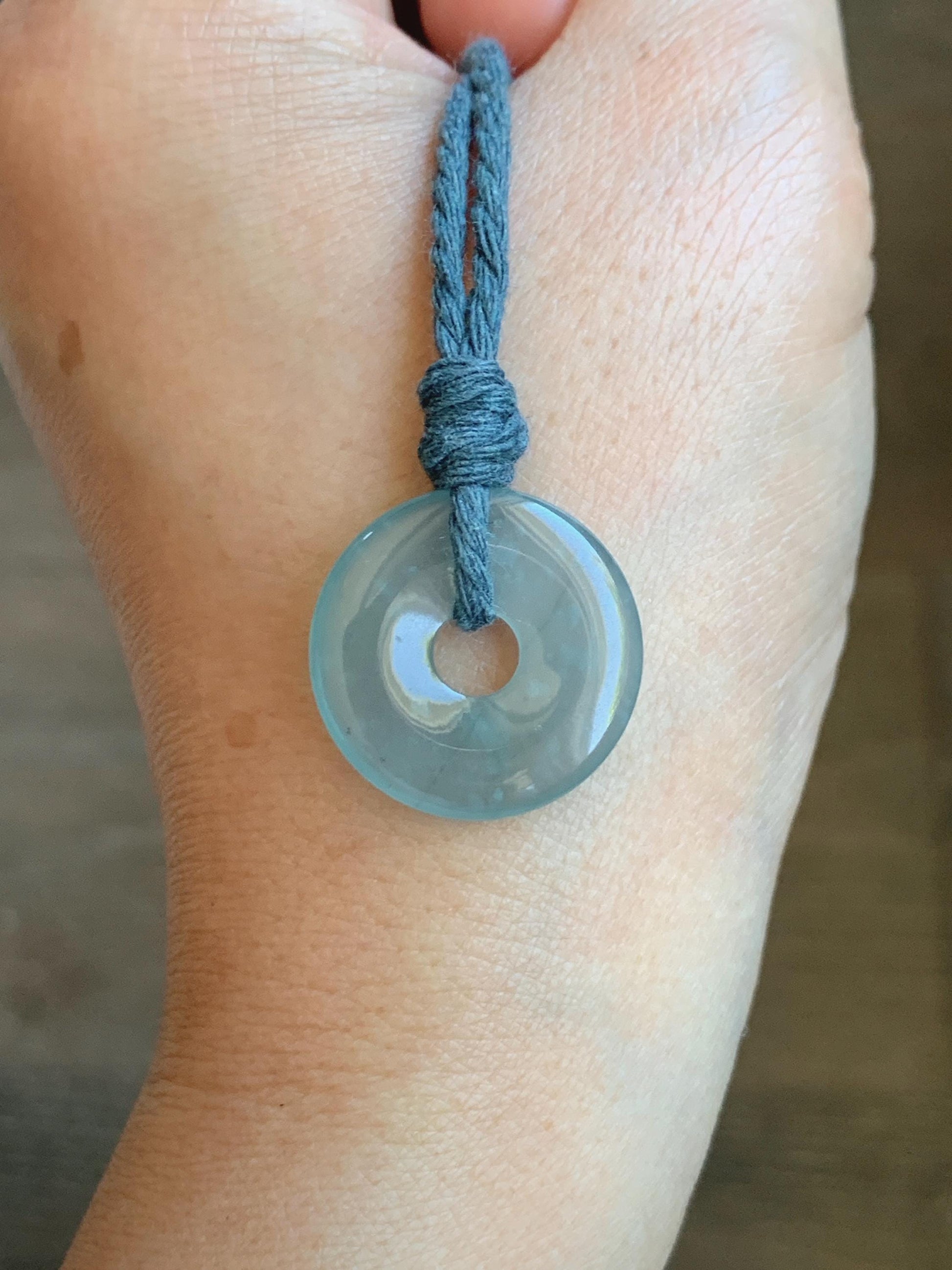 Natural Guatemalan Icy Translucent Light Teal Blue Jade Jadeite Ping An Kou Donut Petite Pendant Rope Necklace 26” 天然冰危浅蓝翡翠平安扣吊坠 WXK55N