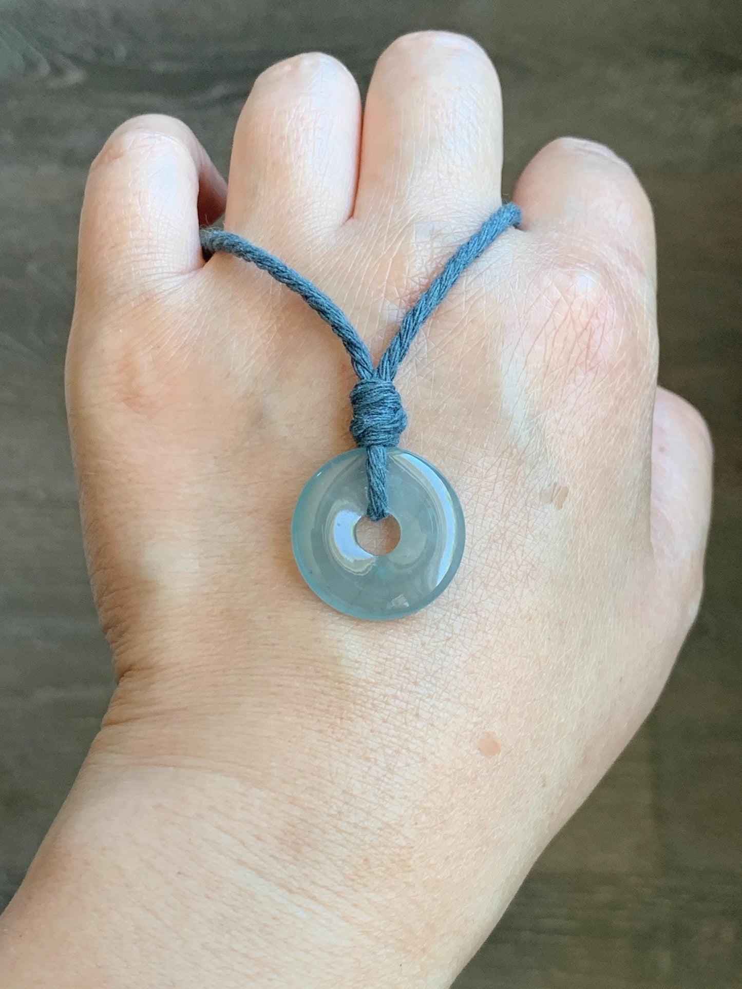Natural Guatemalan Icy Translucent Light Teal Blue Jade Jadeite Ping An Kou Donut Petite Pendant Rope Necklace 26” 天然冰危浅蓝翡翠平安扣吊坠 WXK55N