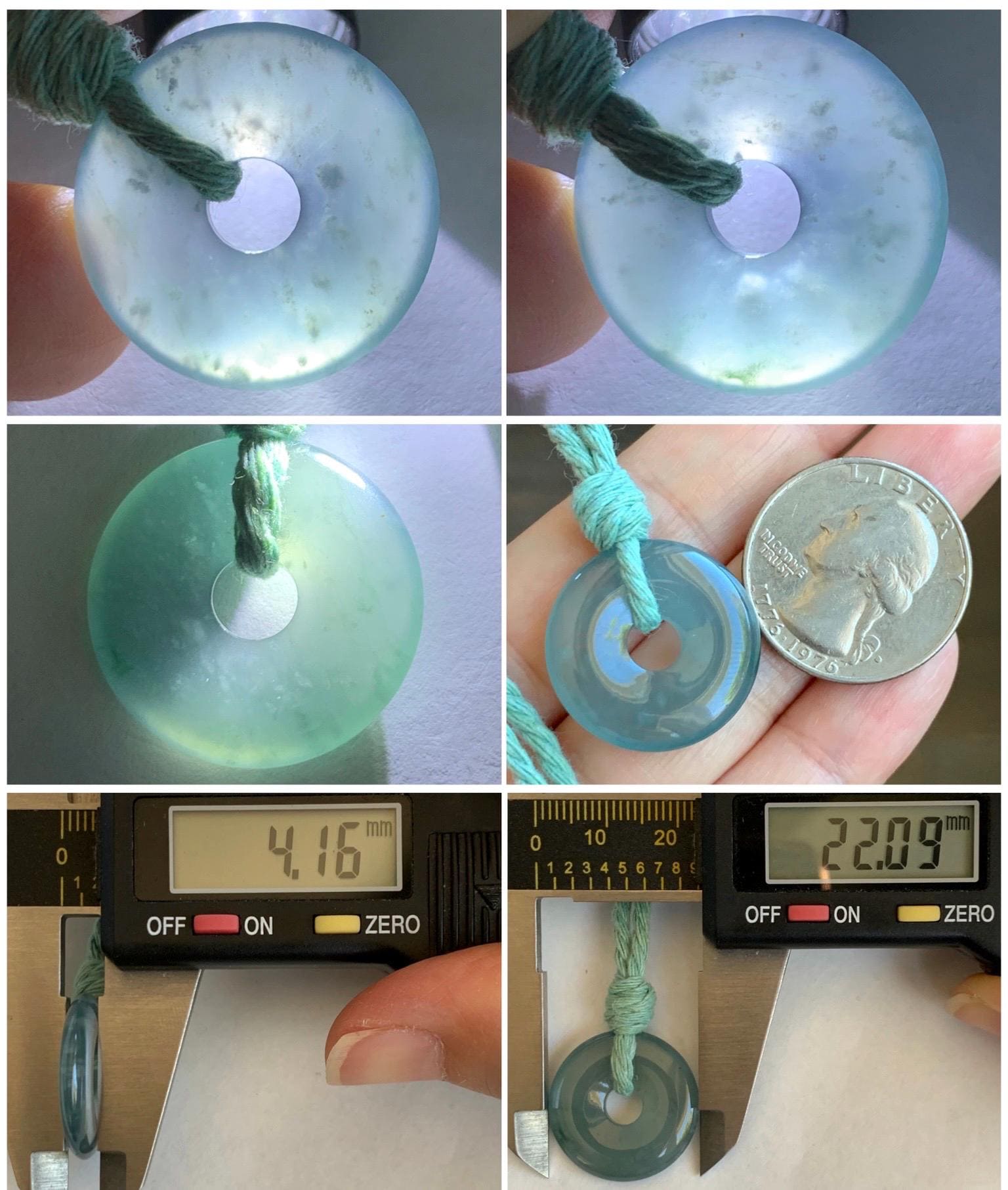 Natural Guatemalan Icy Translucent Teal Blue Jade Jadeite Ping An Kou Donut Petite Pendant Rope Necklace 26” 天然冰危蓝绿翡翠平安扣吊坠 WXK55L