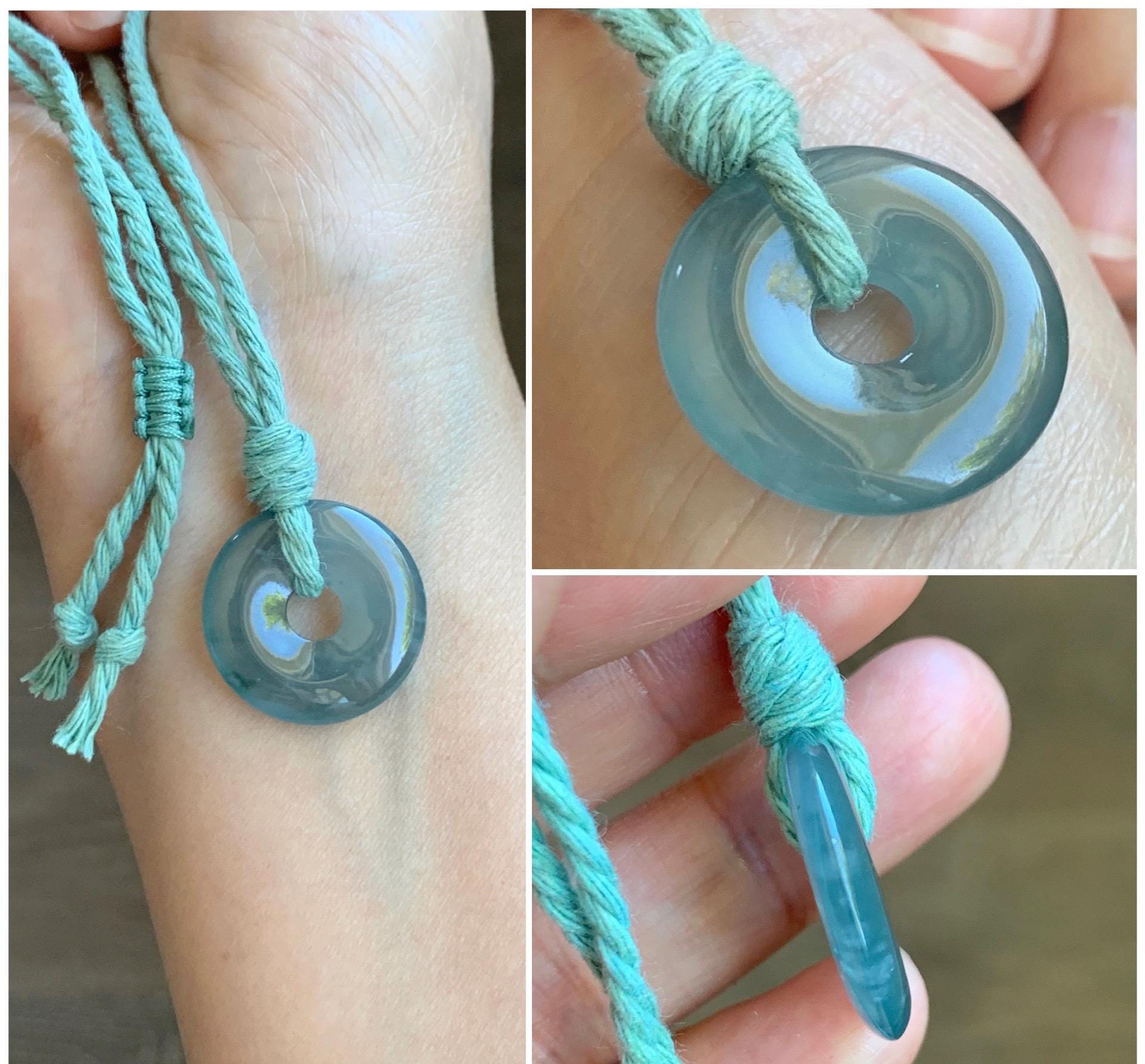 Natural Guatemalan Icy Translucent Teal Blue Jade Jadeite Ping An Kou Donut Petite Pendant Rope Necklace 26” 天然冰危蓝绿翡翠平安扣吊坠 WXK55L