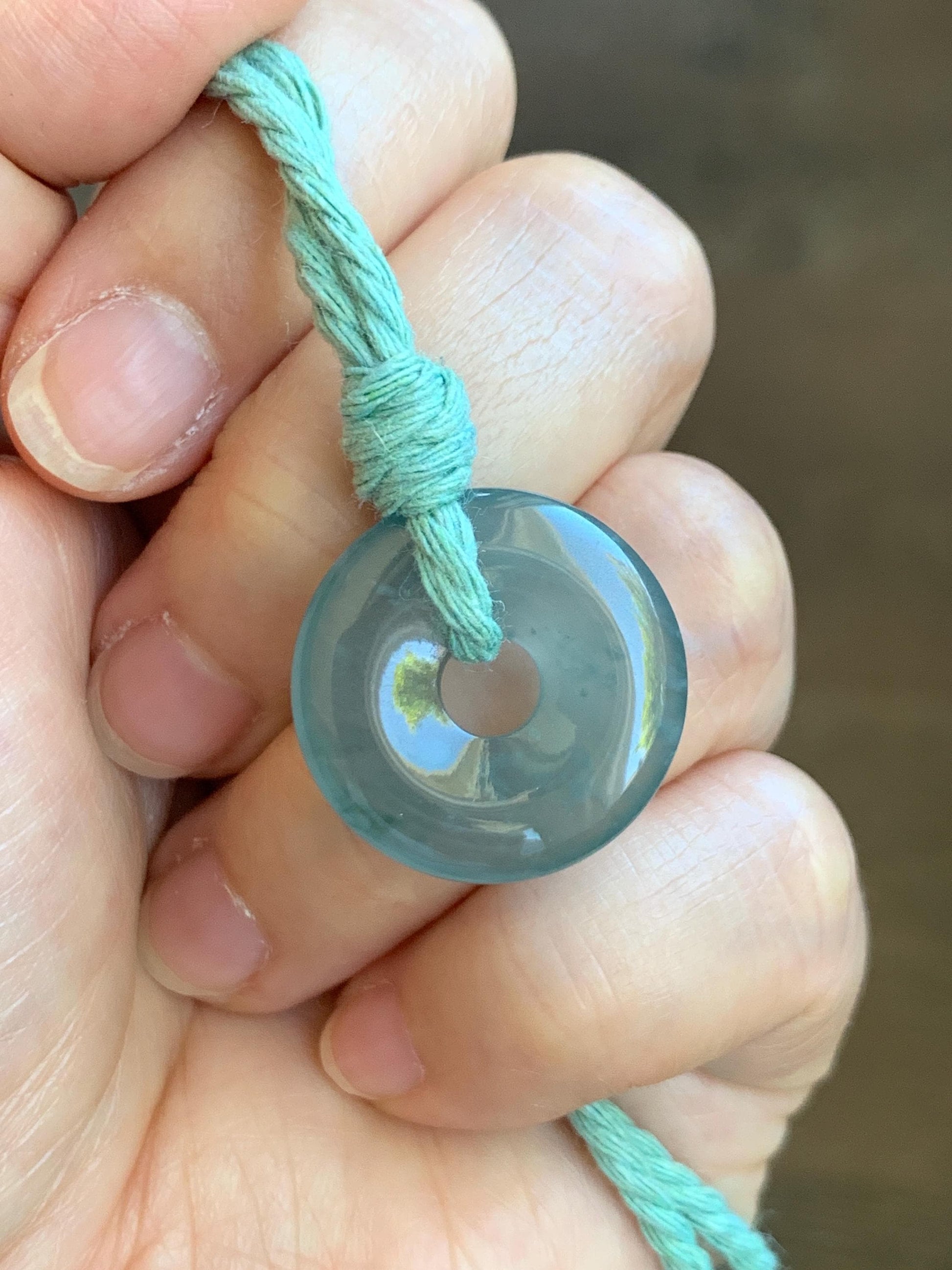 Natural Guatemalan Icy Translucent Teal Blue Jade Jadeite Ping An Kou Donut Petite Pendant Rope Necklace 26” 天然冰危蓝绿翡翠平安扣吊坠 WXK55L