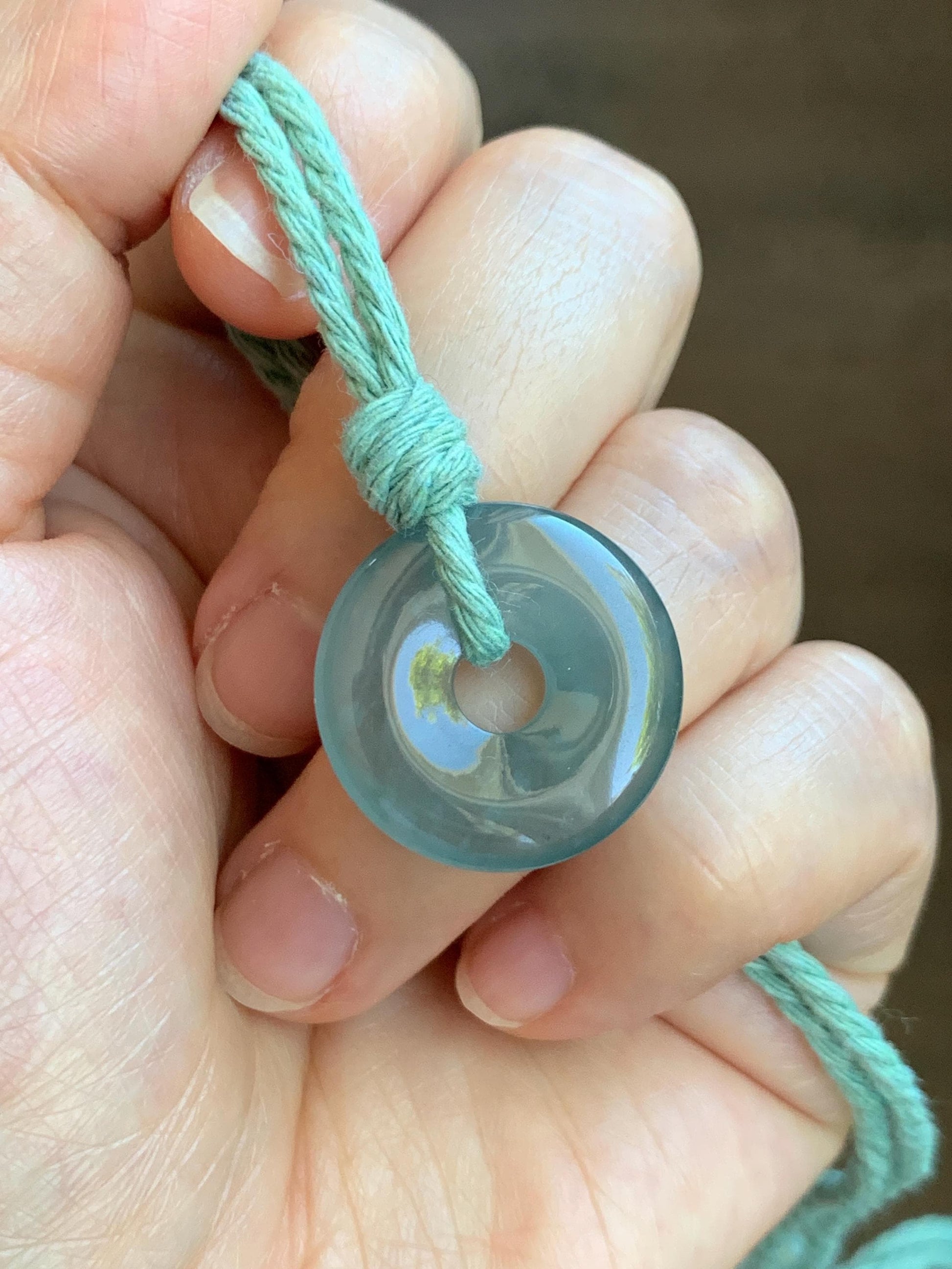 Natural Guatemalan Icy Translucent Teal Blue Jade Jadeite Ping An Kou Donut Petite Pendant Rope Necklace 26” 天然冰危蓝绿翡翠平安扣吊坠 WXK55L